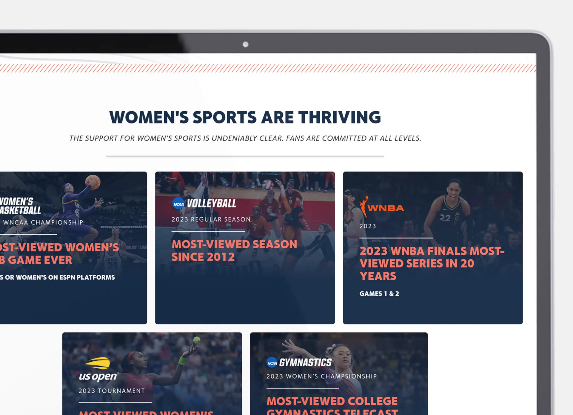 Closeup of a laptop showcasing the content cards design for the ESPN and ESPNW LevelUp website