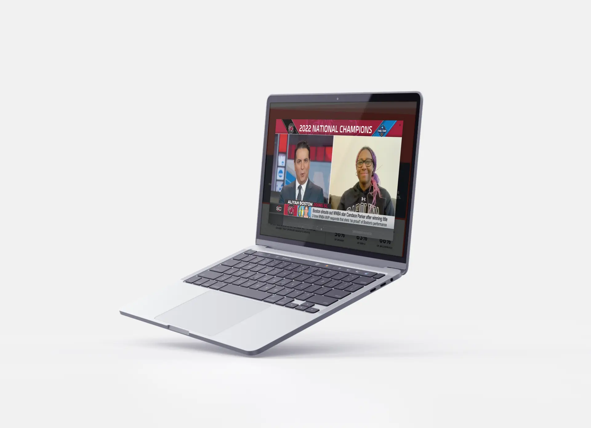 Image of a laptop at an angle showcasing the video player design for the ESPN and ESPNW LevelUp website