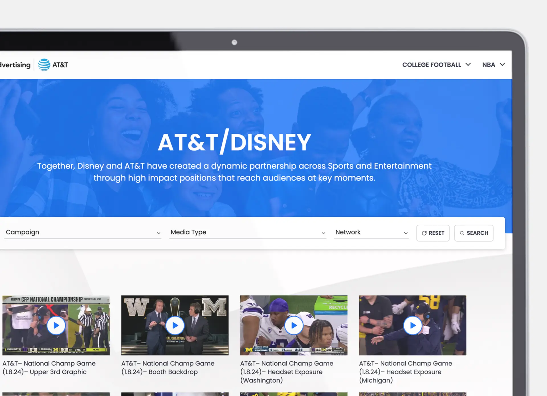 Closeup of a laptop showcasing the Homepage and filtering options of the AT&T Sports Advertising Recap website
