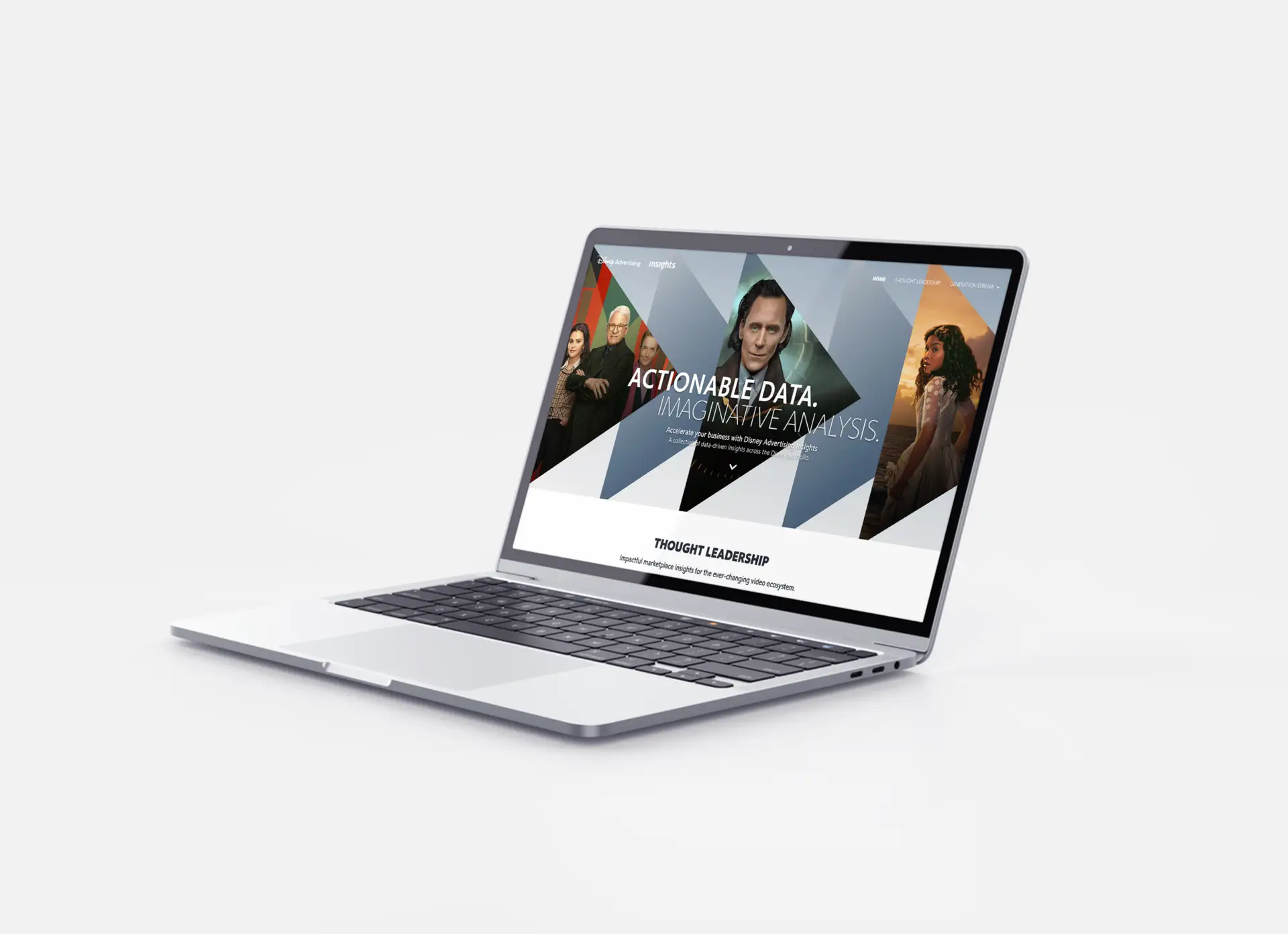 Image of laptop at an angle showcasing the Homepage navigation, header image, and Thought Leadership sections of the Disney Advertising Insights website
