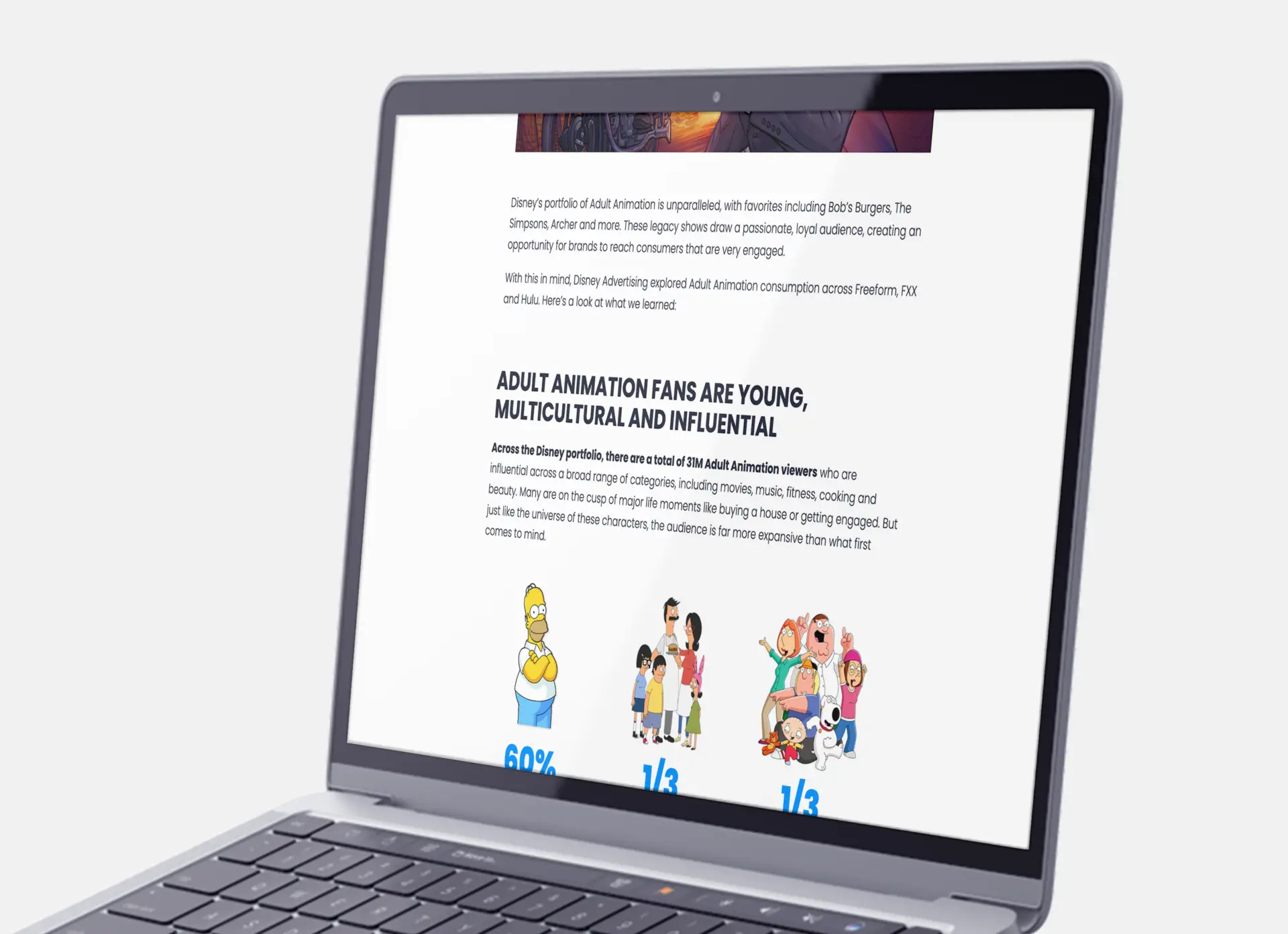 Closeup of laptop at an angle showcasing an Insights blog post on the Disney Advertising Insights website