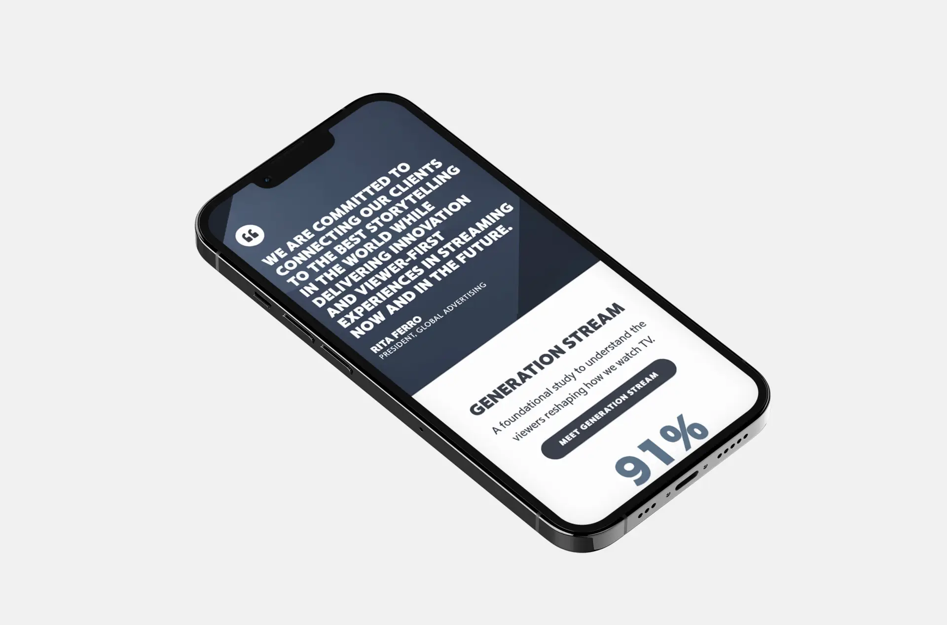 Image of a smartphone at an angle showcasing a quote from Rita Ferro and a section dedicated to Generation Stream content on the Disney Advertising Insights website