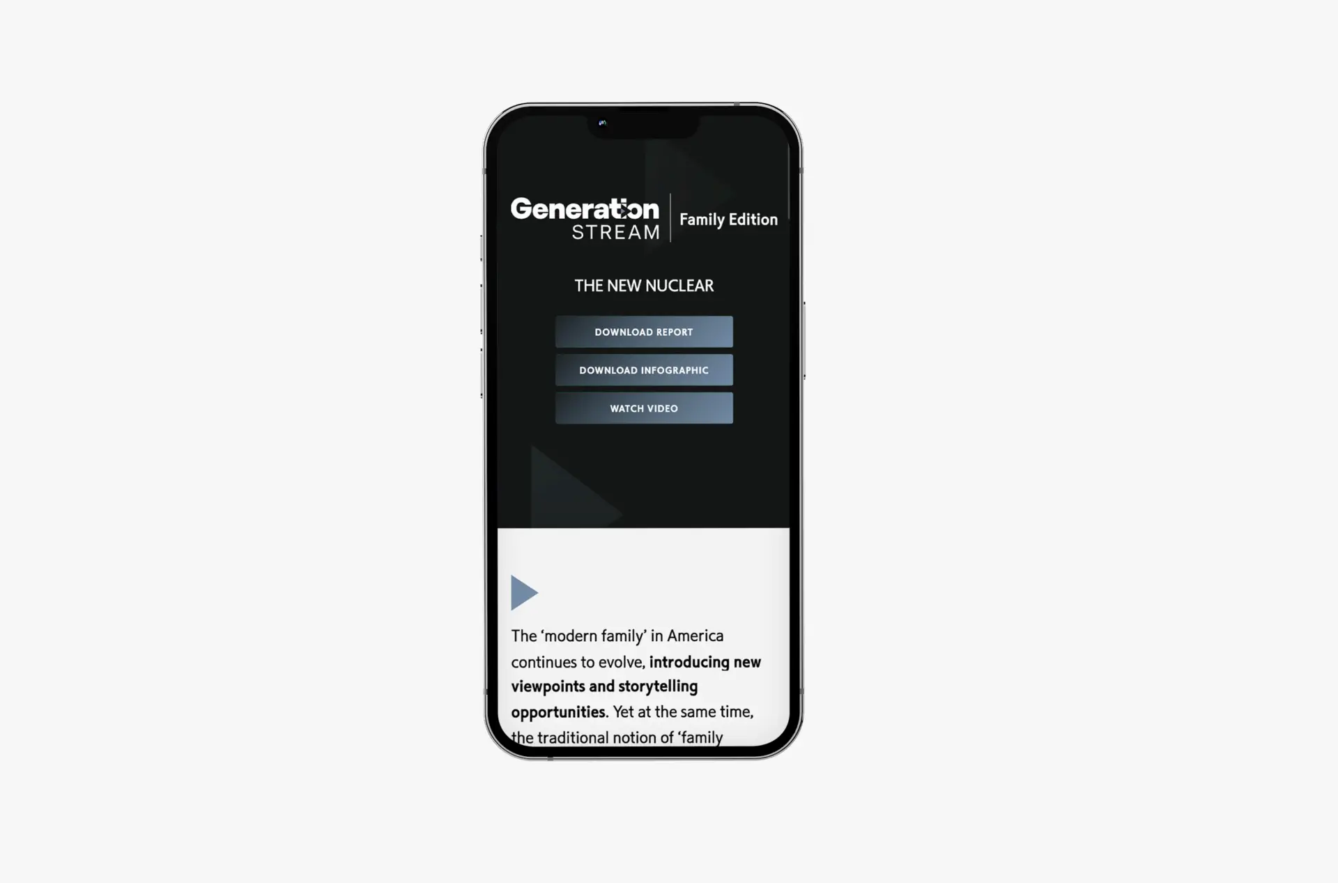 Image of a smartphone showcasing the Generation Stream: Family Edition page on the Disney Advertising Insights website