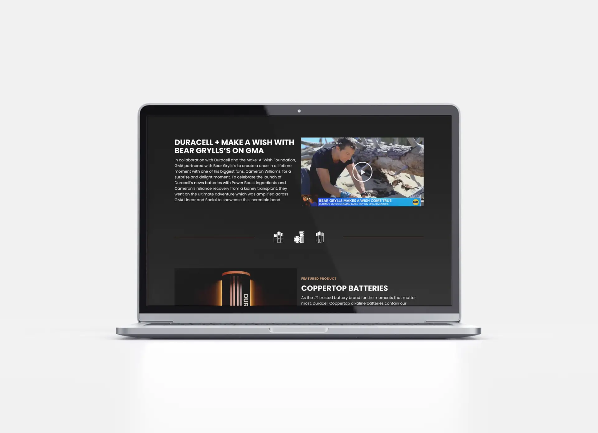 Image of a laptop showcasing the collaboration between Duracell and the Make-A-Wish Foundation on the Duracell and Good Morning America (GMA) Partnership website.