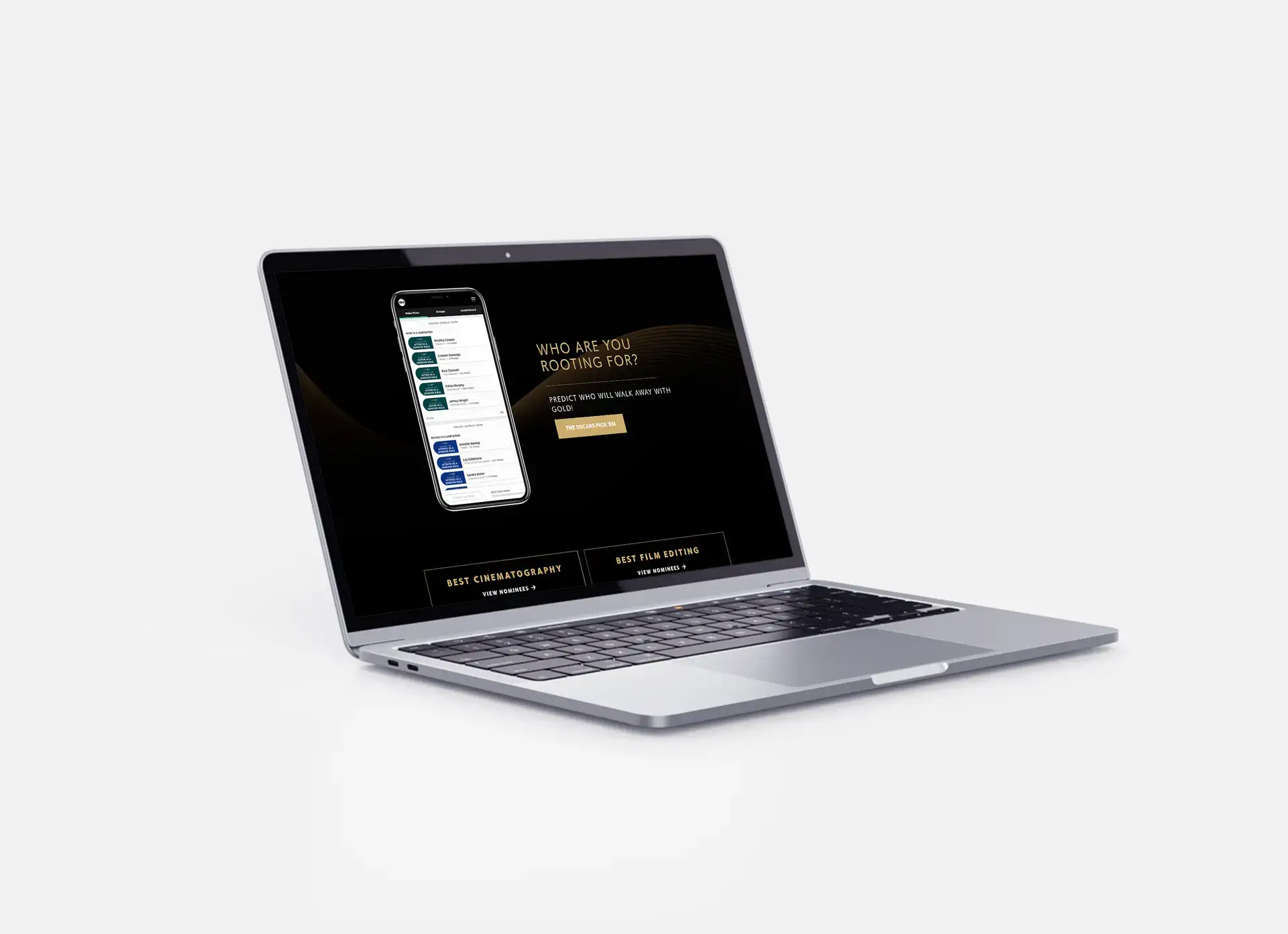 Image of a laptop at an angle showcasing a the "Who are you rooting for?" section on the Pfizer and Oscars Partnership website