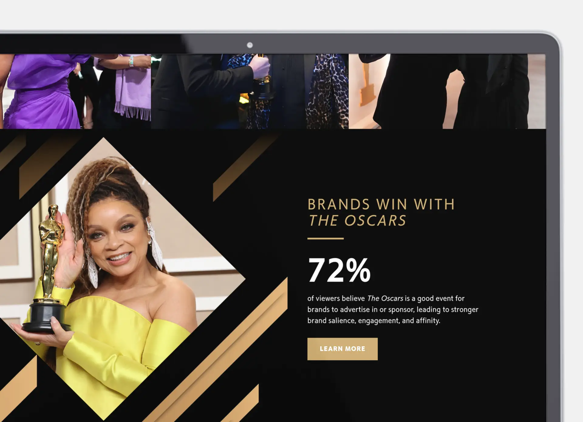 Closeup of a laptop showcasing brand advertisement metrics from the Oscars event on the Pfizer and Oscars Partnership website