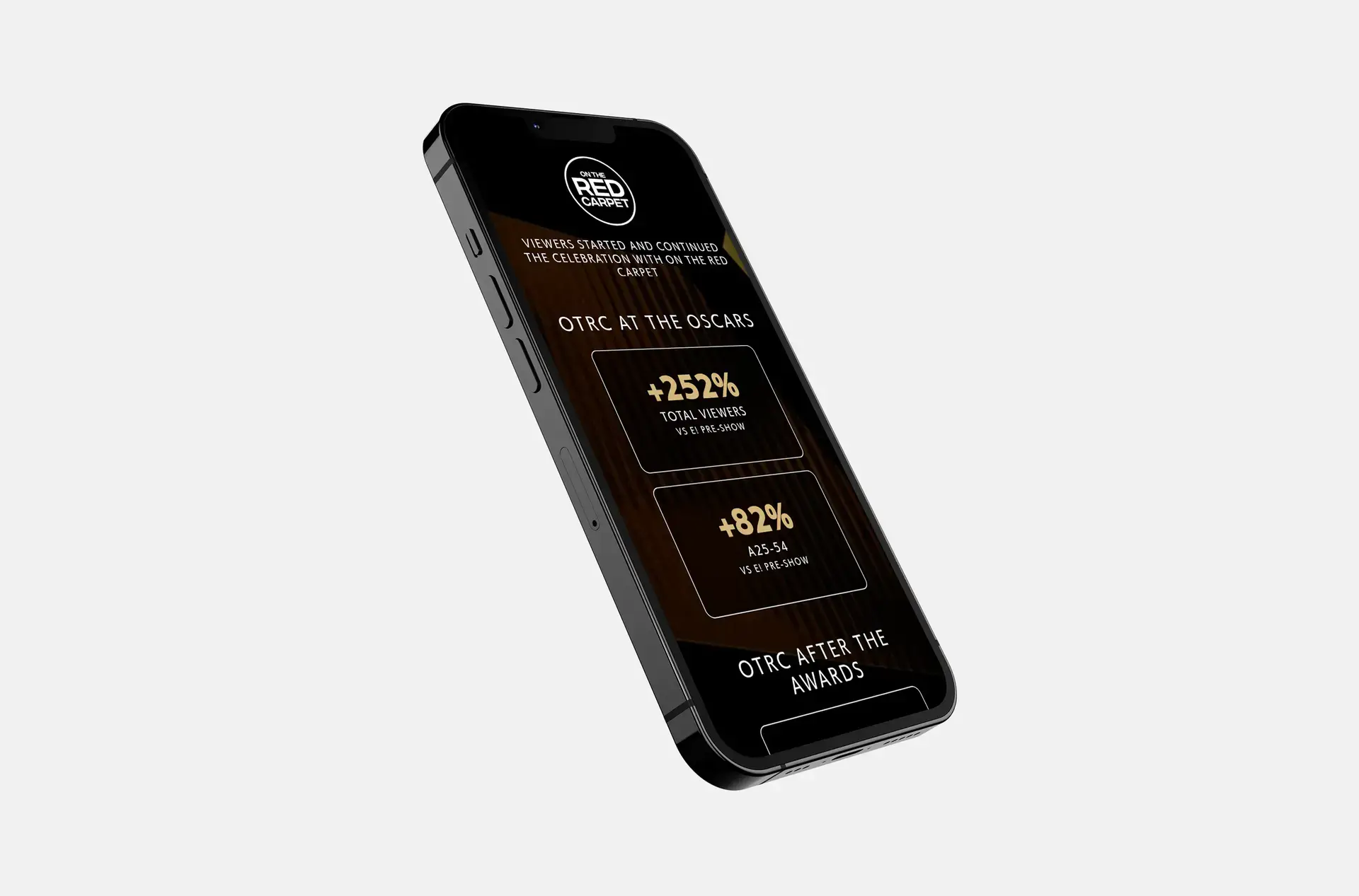 Image of a smartphone at an angle showcasing metrics from the Oscars event on the Pfizer and Oscars Partnership website