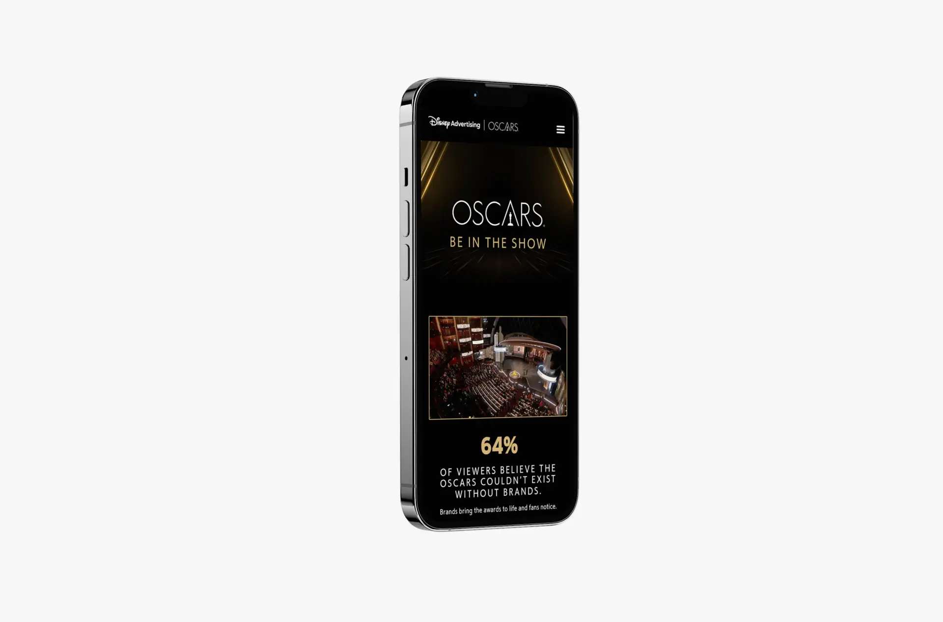 Image of a smartphone at an angle showcasing the Be in the Show page's header and some metrics from the Oscars event on the Pfizer and Oscars Partnership website