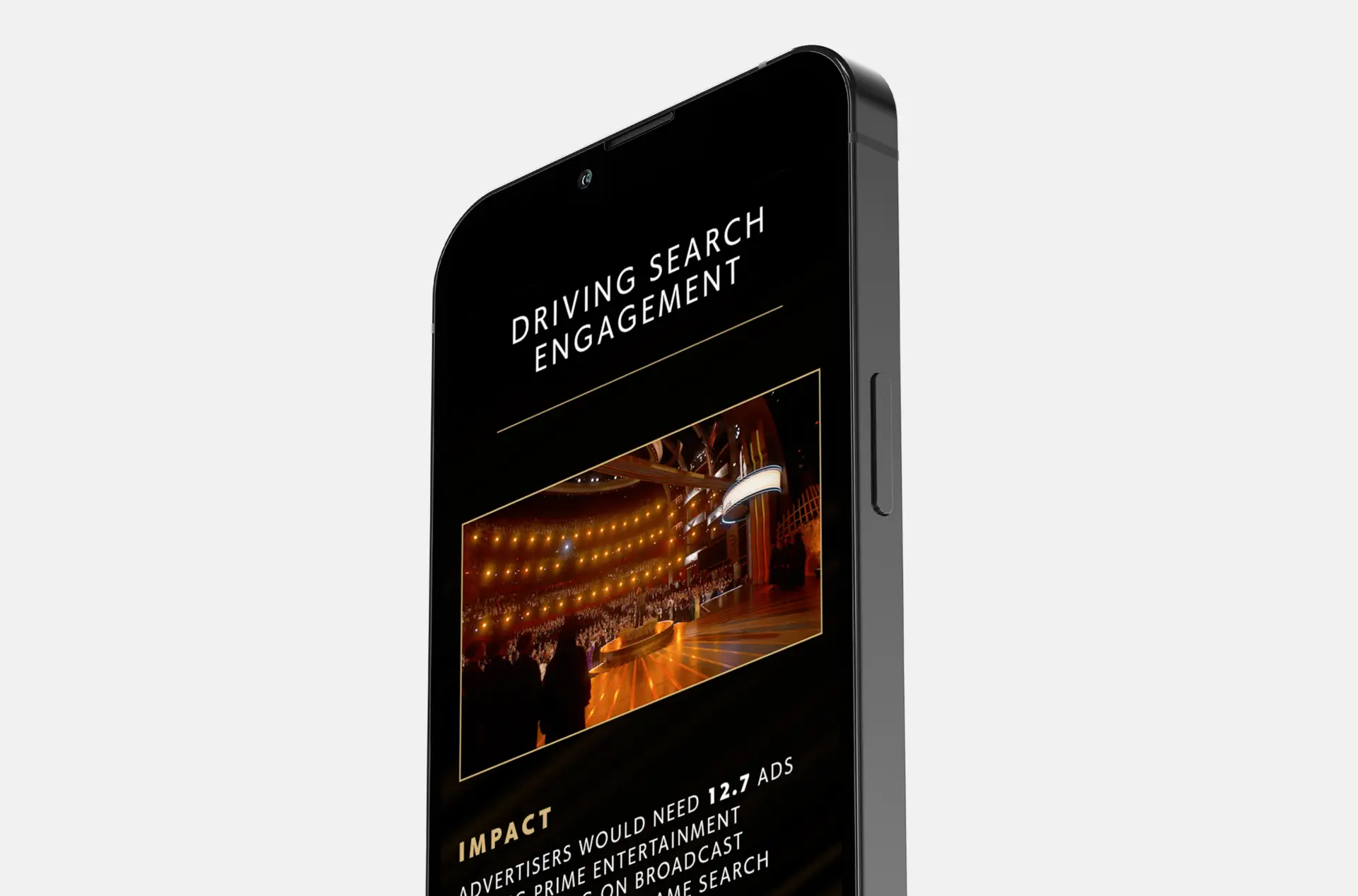 Closeup of a smartphone at an angle showcasing search metrics from the Oscars event on the Pfizer and Oscars Partnership website
