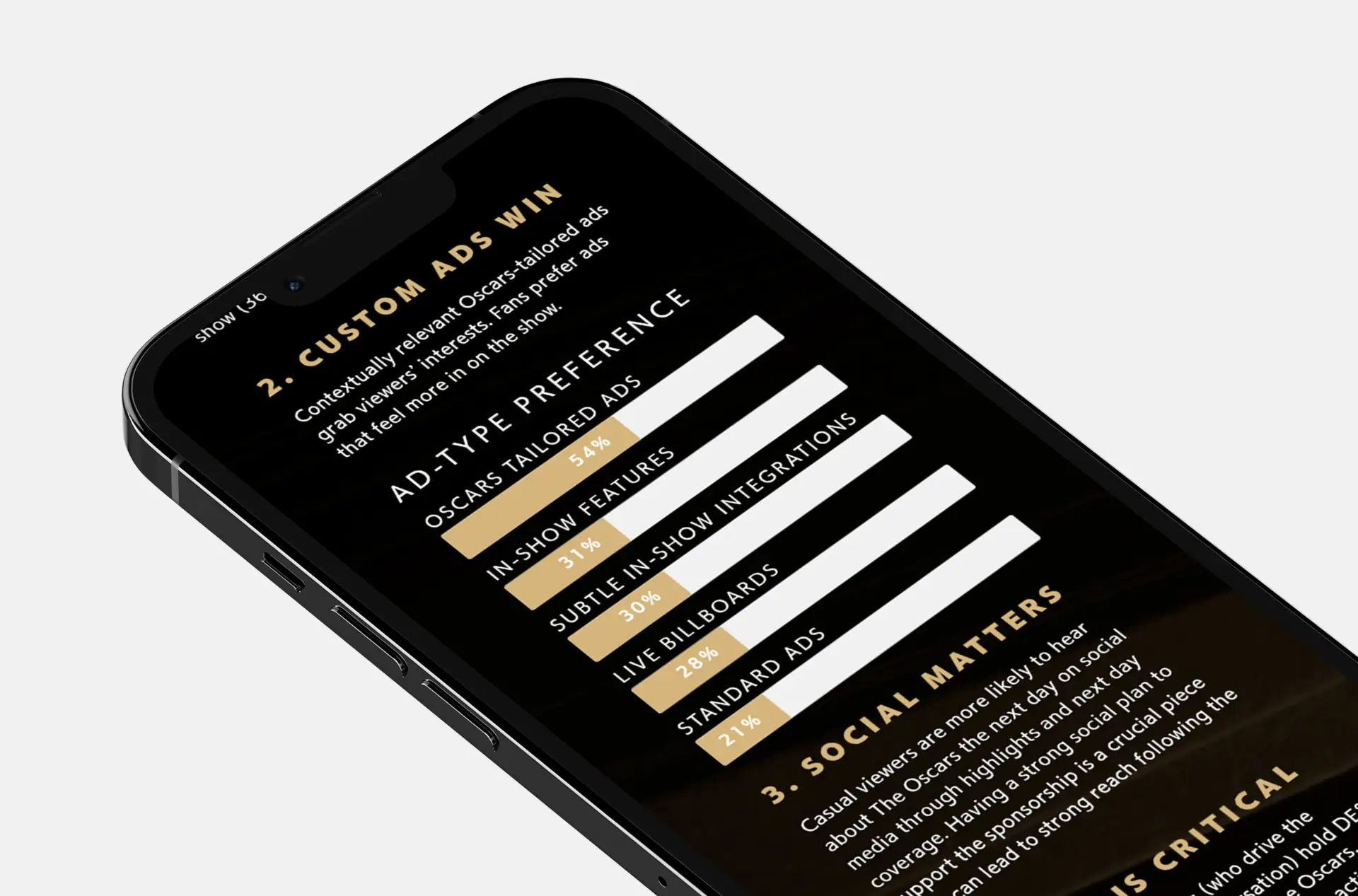 Closeup of a smartphone at an angle showcasing advertisement statistics from the Oscars event on the Pfizer and Oscars Partnership website