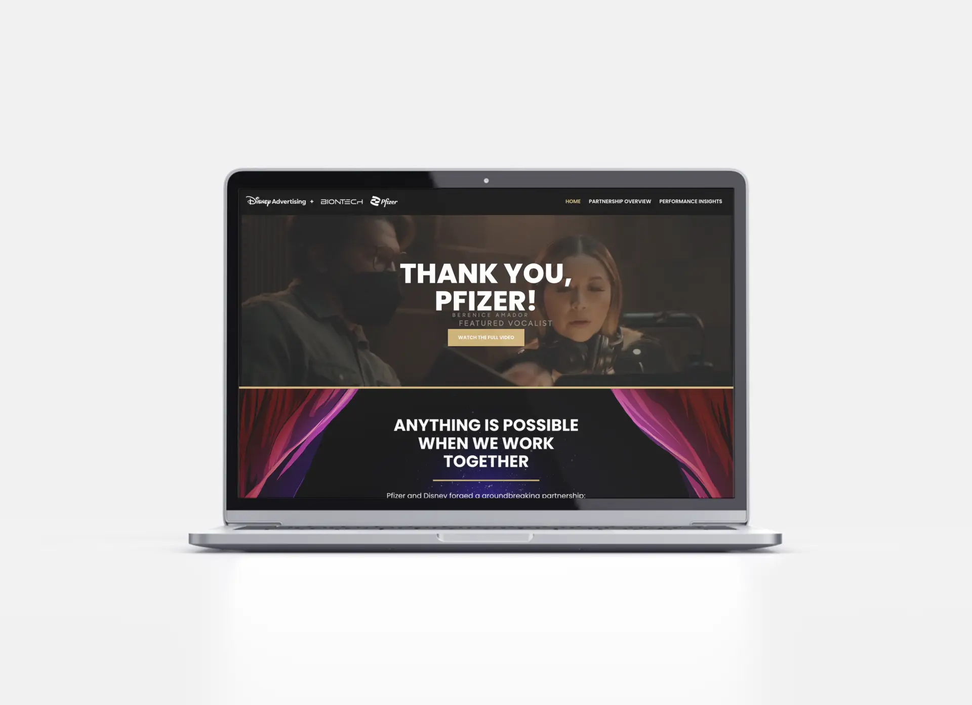Image of a laptop showcasing the navigation, header, and partnership sections of the Homepage on the Pfizer and Oscars Partnership website