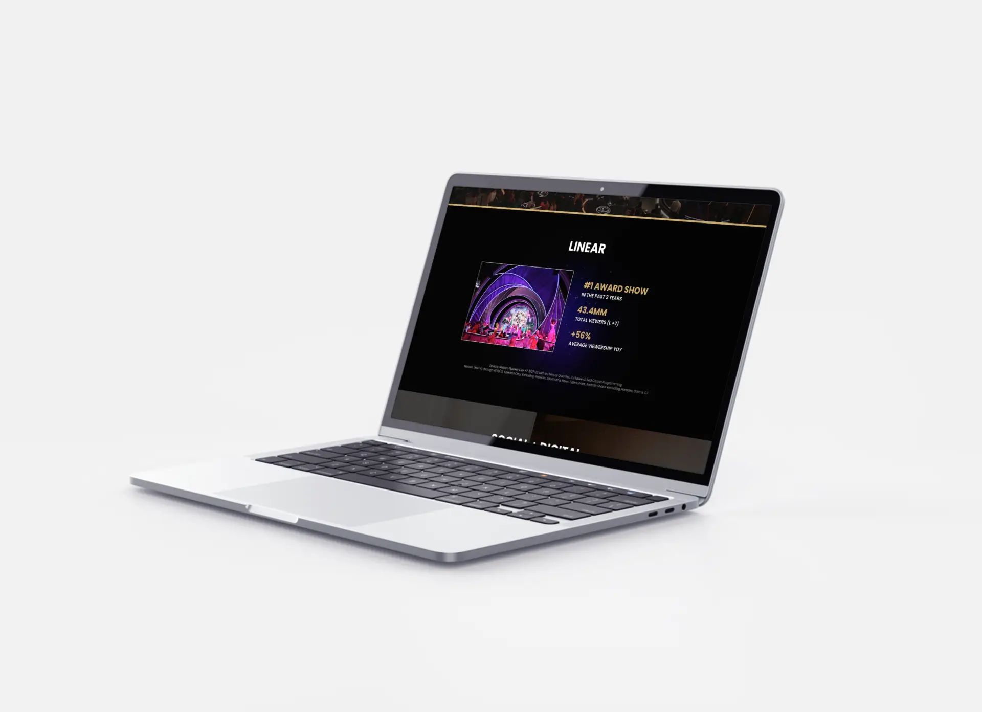 Image of a laptop showcasing the design of linear metrics on the Pfizer and Oscars Partnership website