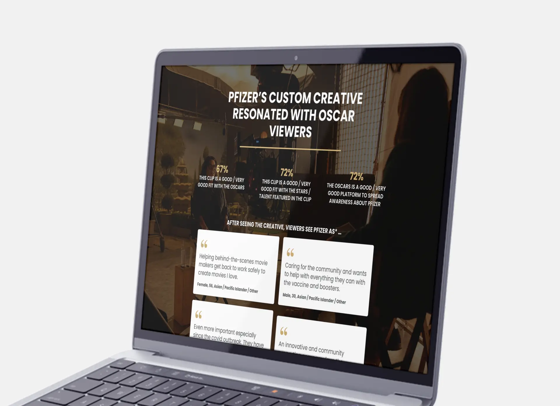 Closeup of a laptop showcasing the design of viewer metrics and testimonials on the Pfizer and Oscars Partnership website