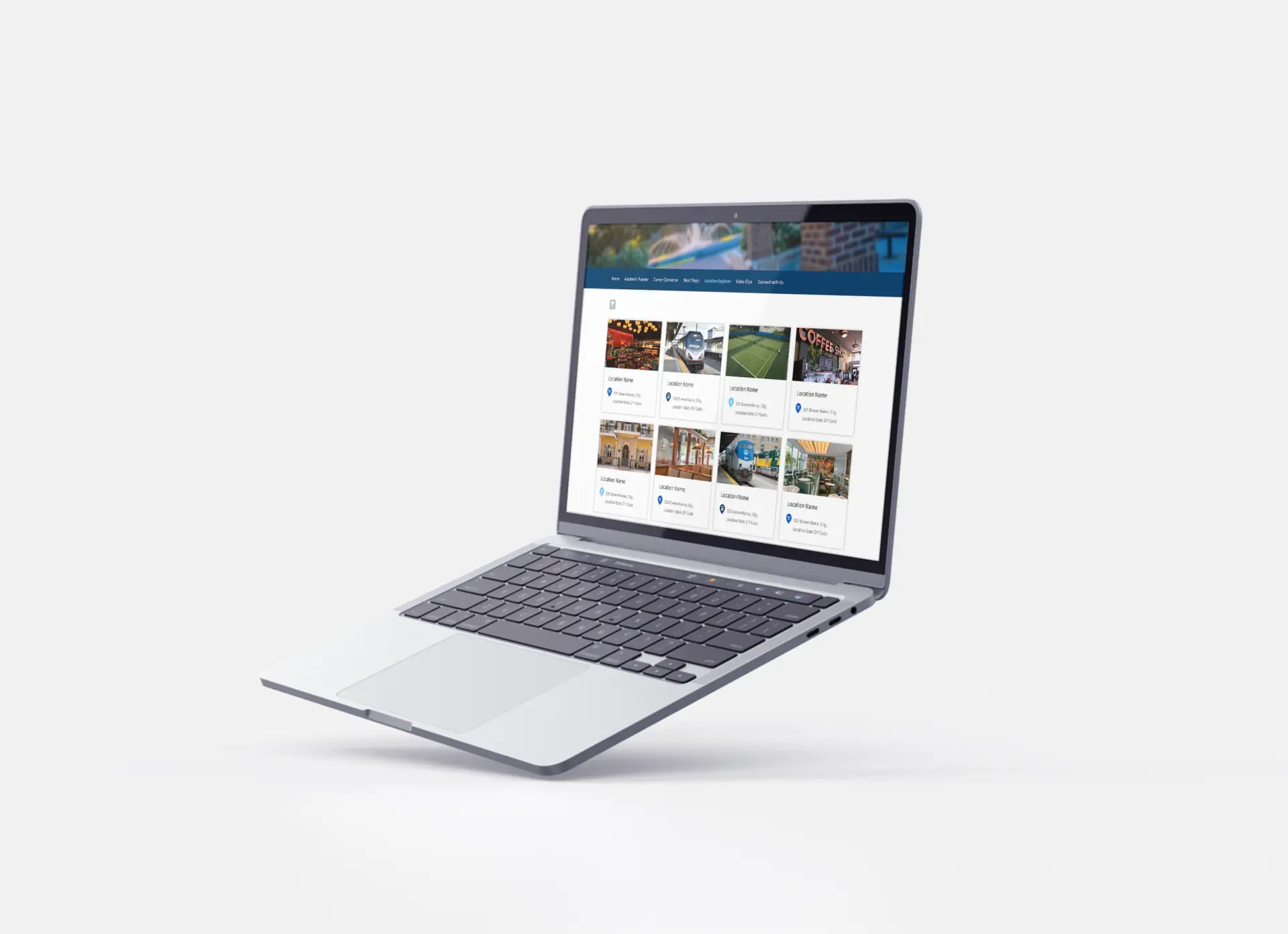 Image of a laptop at an angle showcasing the Location Explorer tab of a Slate Microsite for Indiana State University