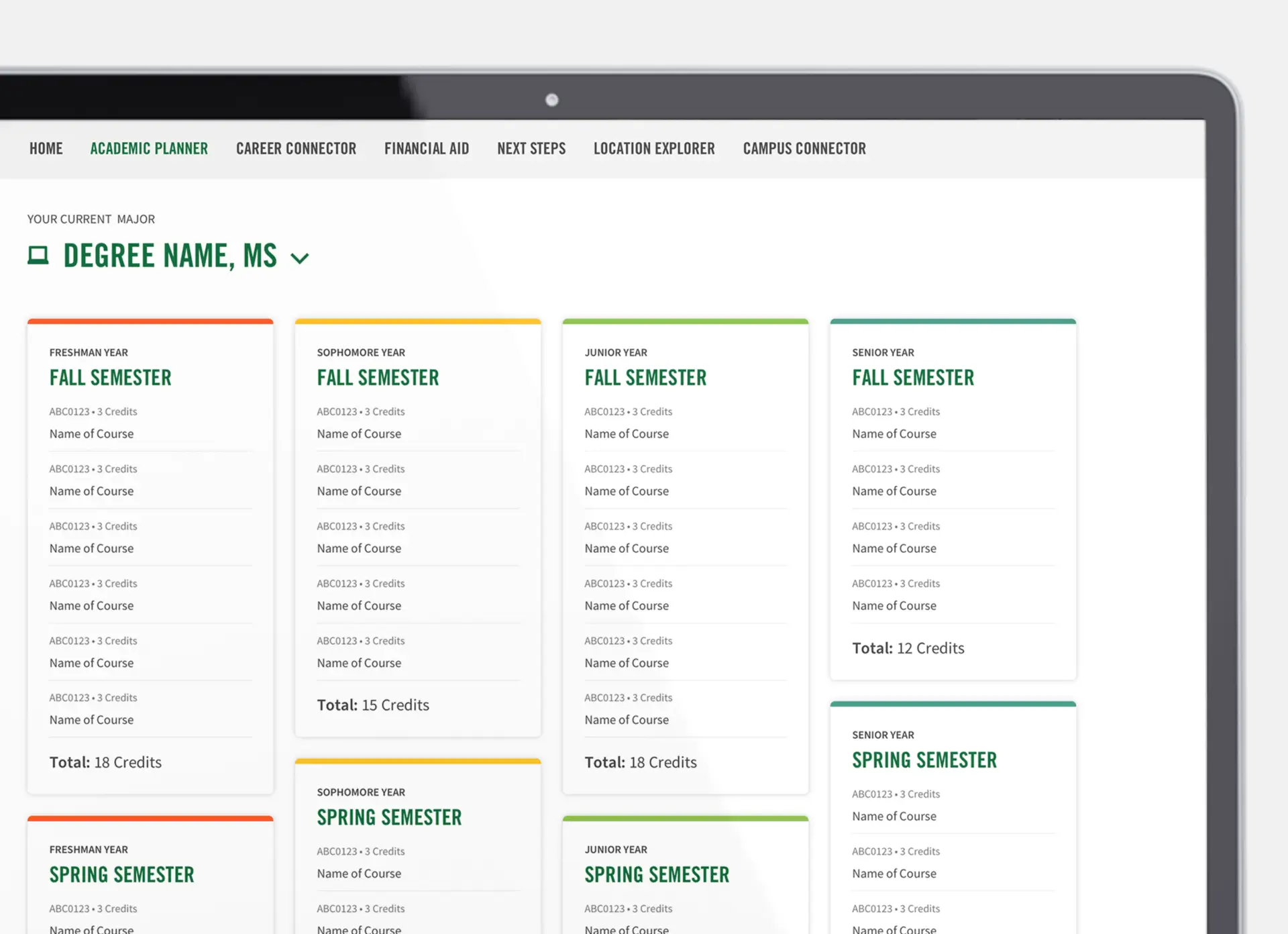 Closeup of a laptop at an angle showcasing the tab navigation and Academic Planner content of a Slate Microsite for Manhattan College