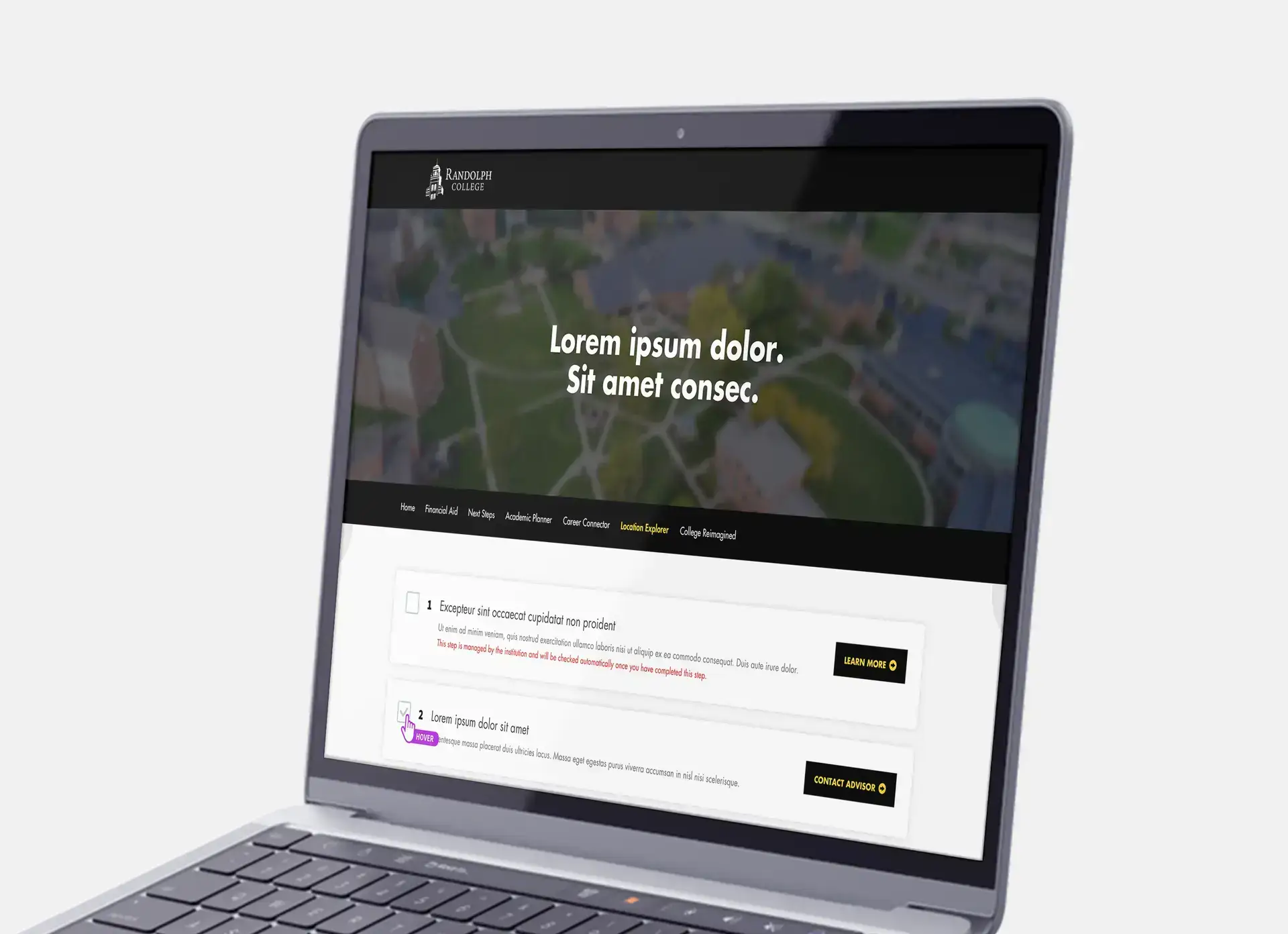 Closeup of a laptop at an angle showcasing the header, tab navigation, and Next Steps content of a Slate Microsite for Randolph College