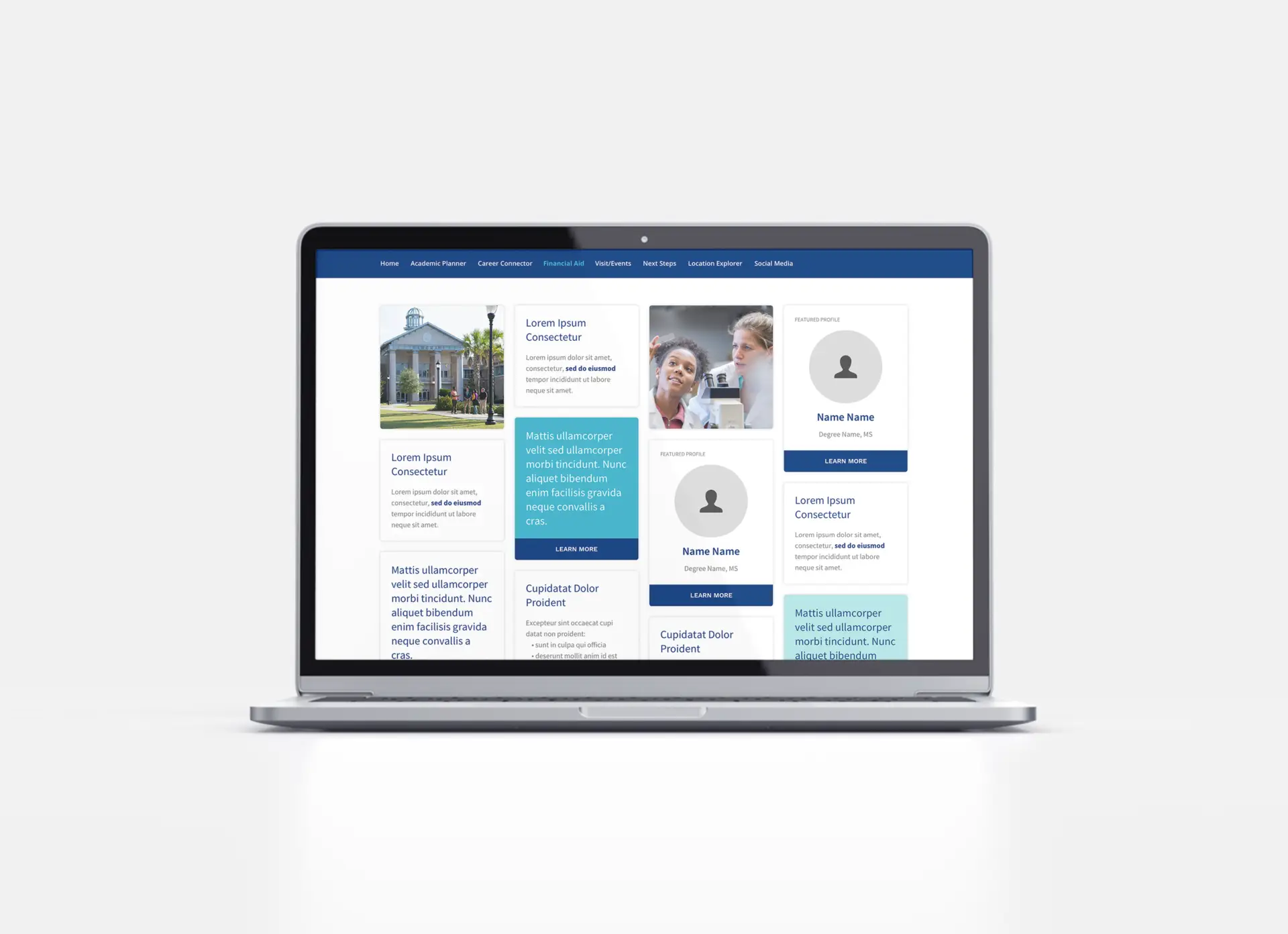 A laptop showcasing a grid of content cards on the Financial Aid tab of a Slate Microsite for University of South Carolina at Beaufort