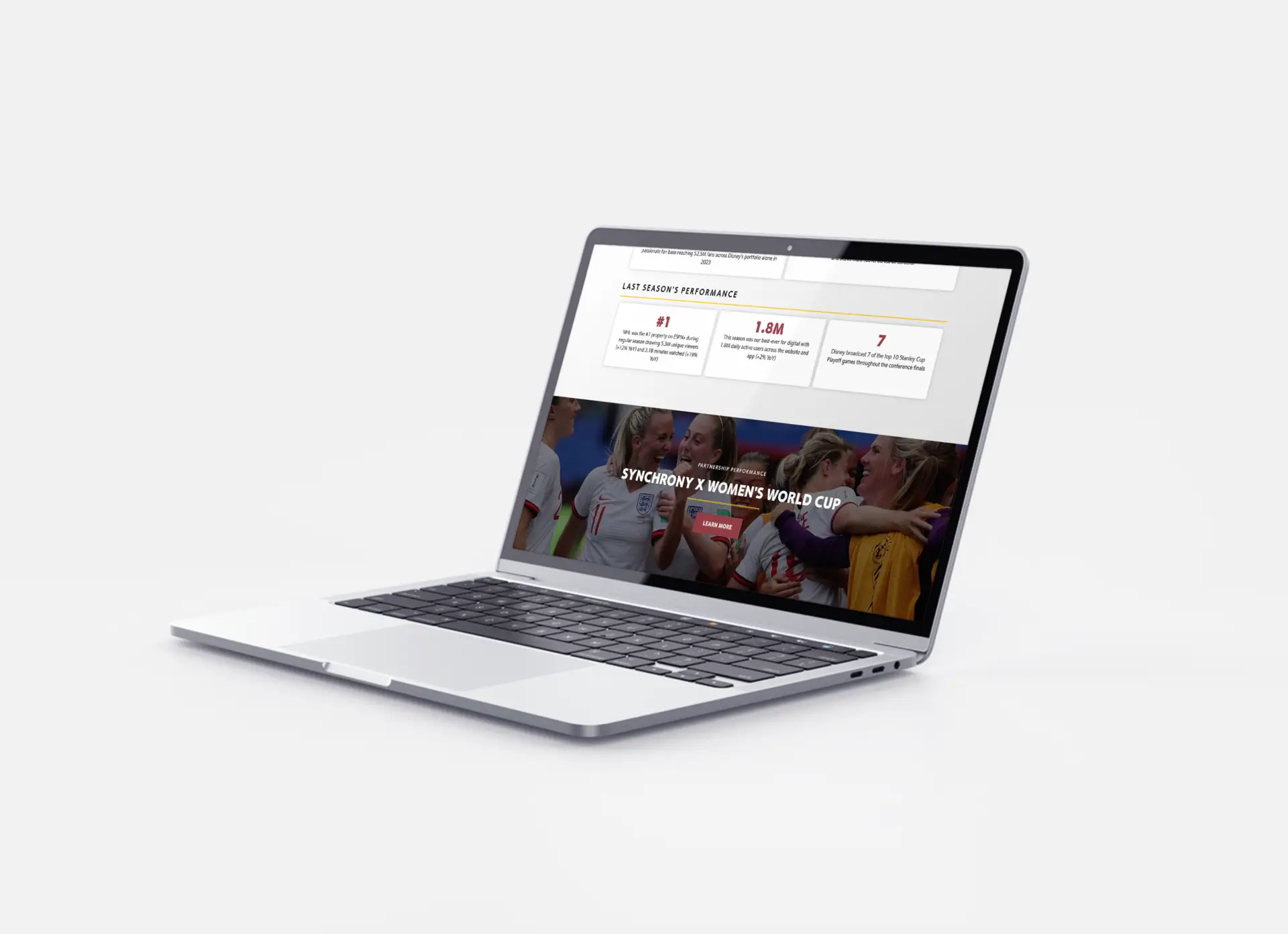 A laptop at an angle showcasing the design of the Synchrony Bank and ESPN Partnership website