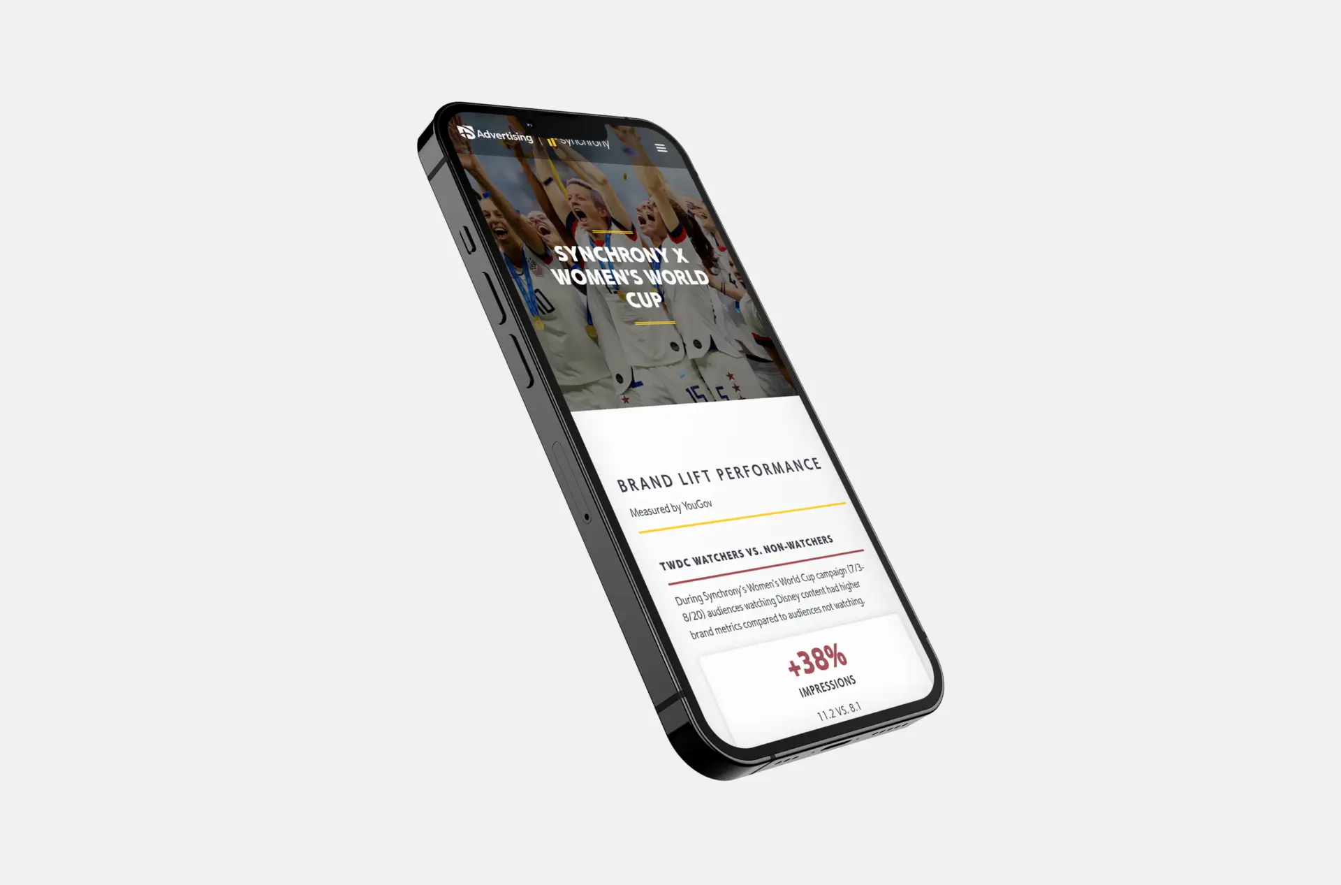A smartphone at an angle showcasing the design of the Synchrony Bank and ESPN Partnership website