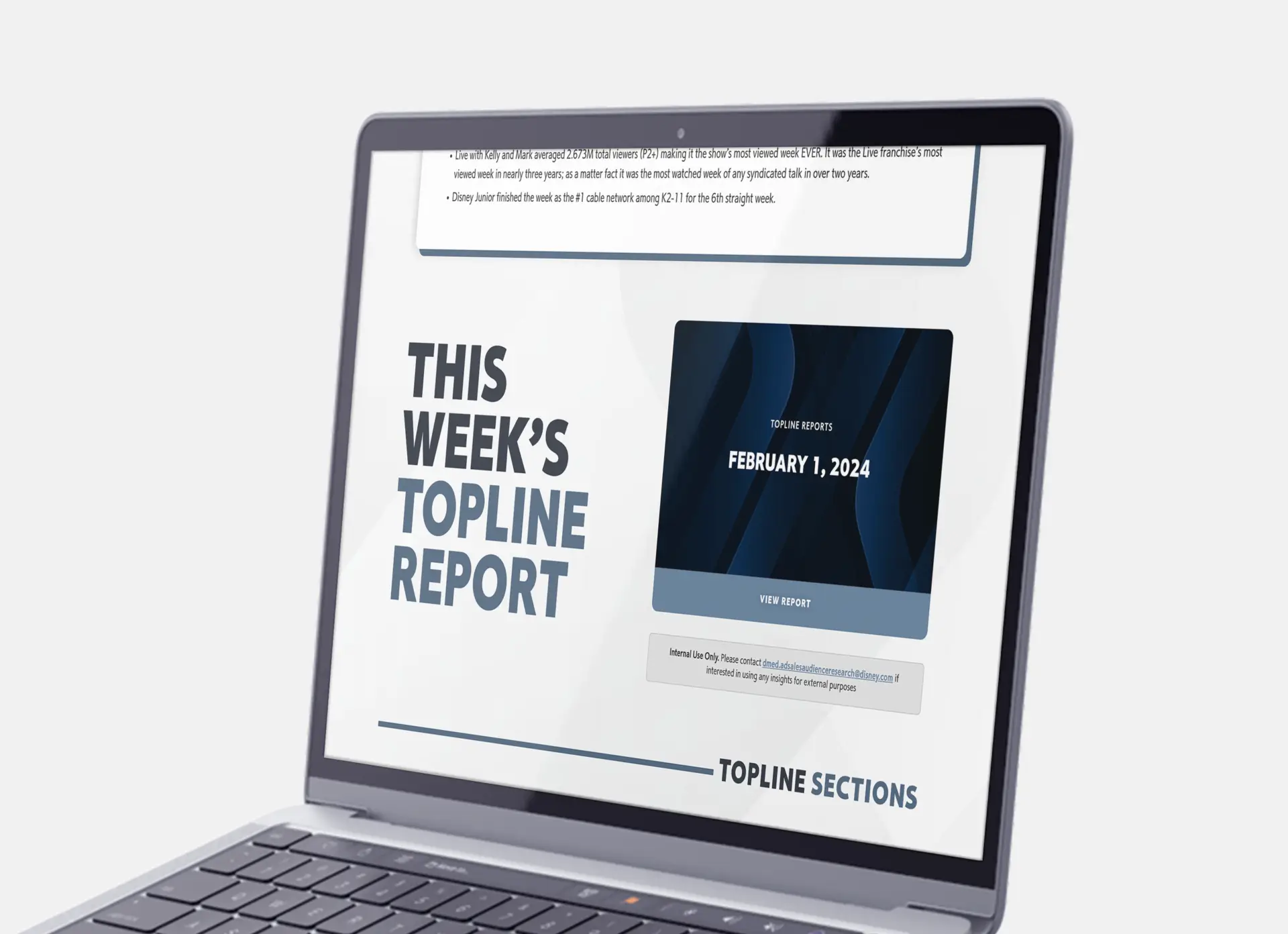 Closeup of a laptop at an angle showcasing the new Disney Advertising Weekly Topline Report website
