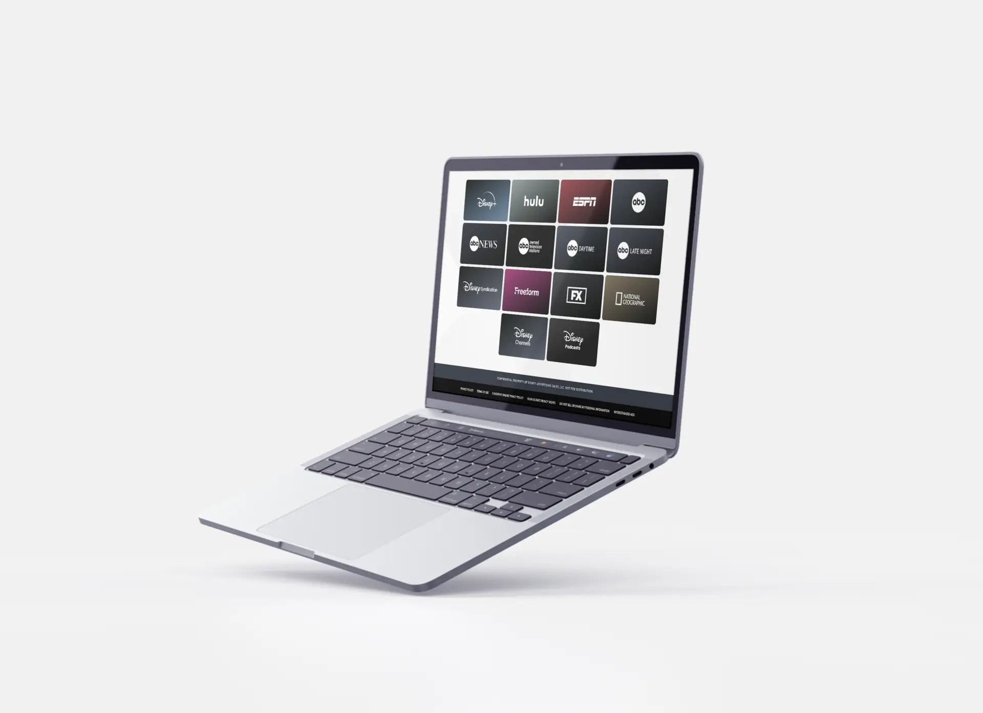 Zoomed out view of a laptop at an angle showcasing the new Disney Advertising Weekly Topline Report website's grid of Network logos