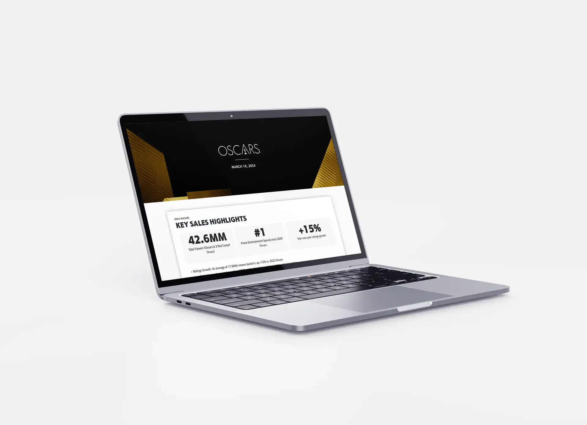 Zoomed out view of a laptop at an angle showcasing the new Disney Advertising Weekly Topline Report website's 2024 Oscars section