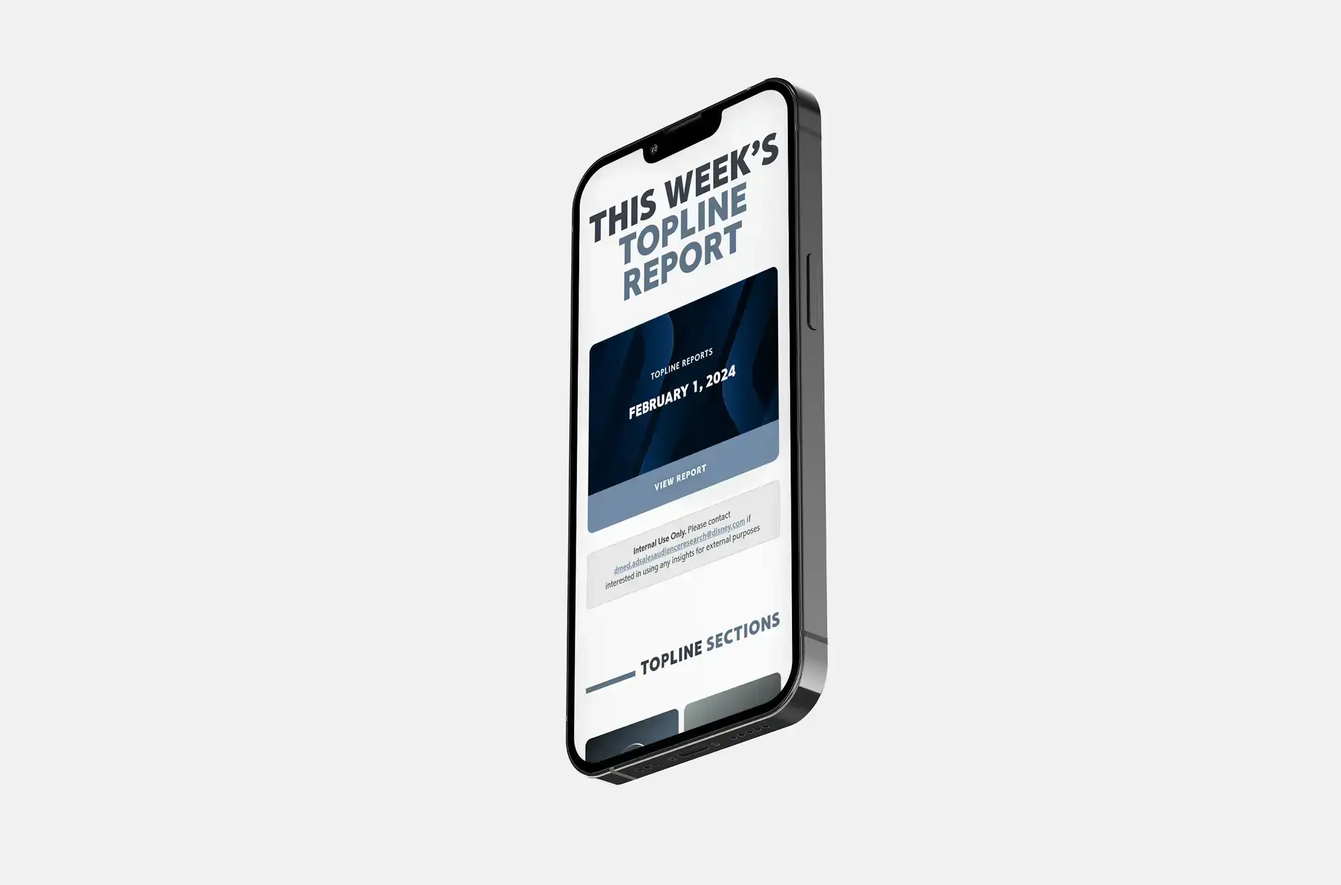 A smartphone at an angle showcasing the new Disney Advertising Weekly Topline Report website