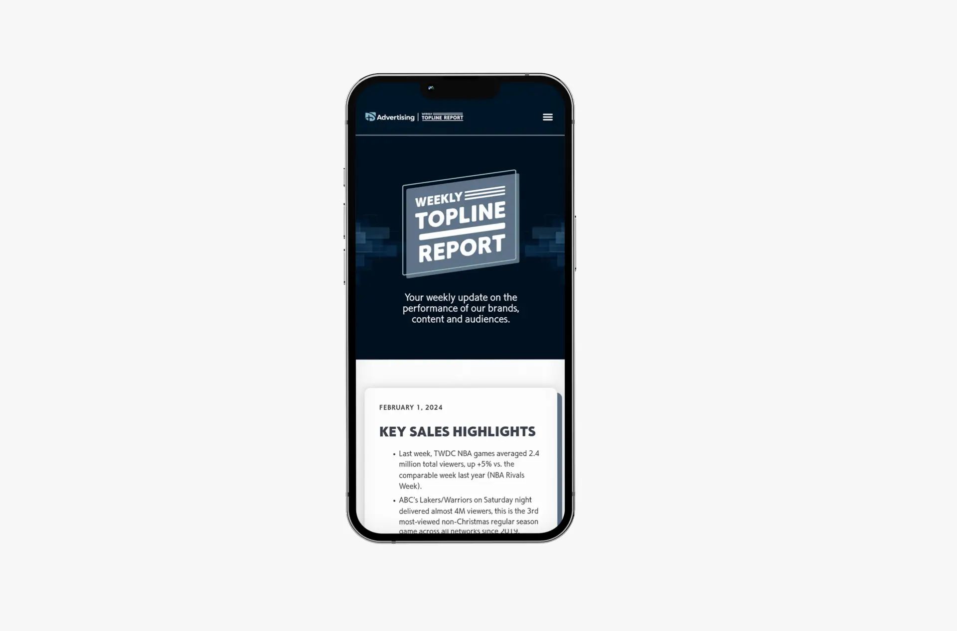 Smartphone showcasing the new Disney Advertising Weekly Topline Report website