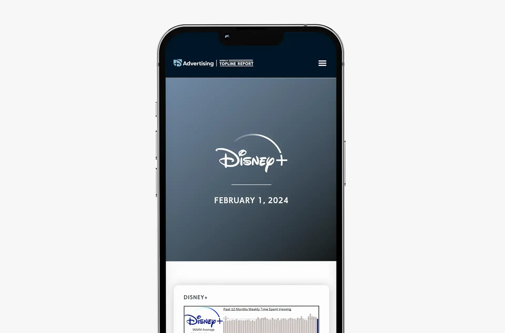 Smartphone showcasing the Disney Plus section of the new Disney Advertising Weekly Topline Report website