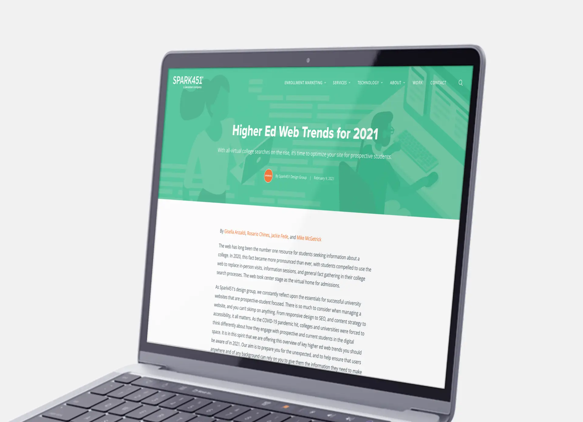 Closeup of the Higher Education Web Trends blog post from the new Spark451 Website on a Laptop