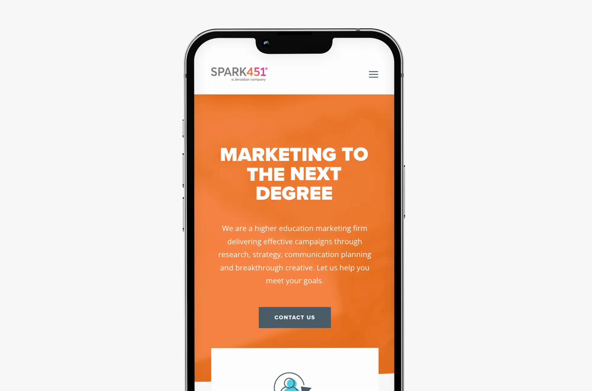 Closeup of a smartphone showcasing the Homepage design for the new Spark451 website