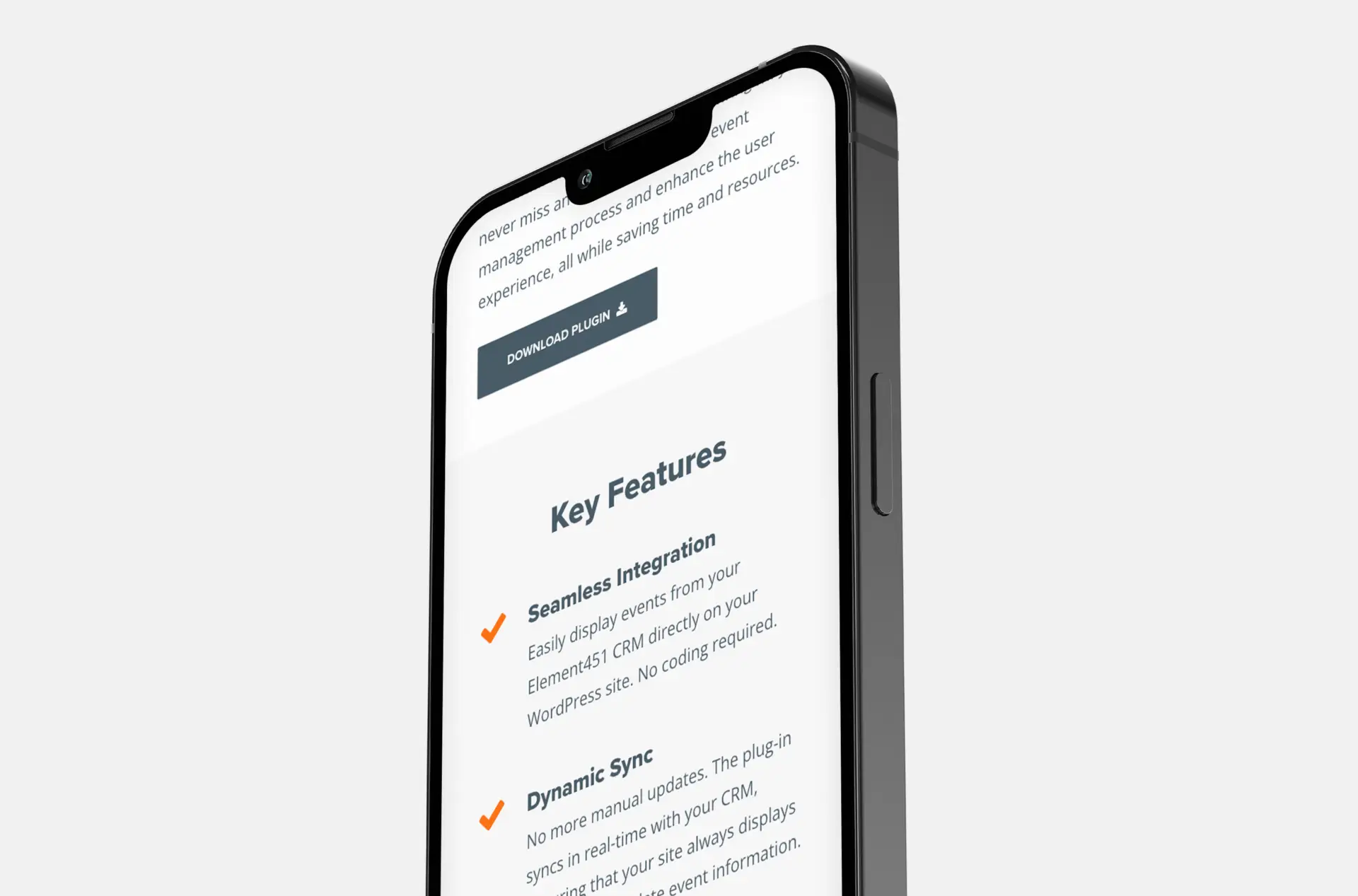 Closeup of a smartphone at an angle showcasing the Element451 and WordPress integration plugin for the new Spark451 website