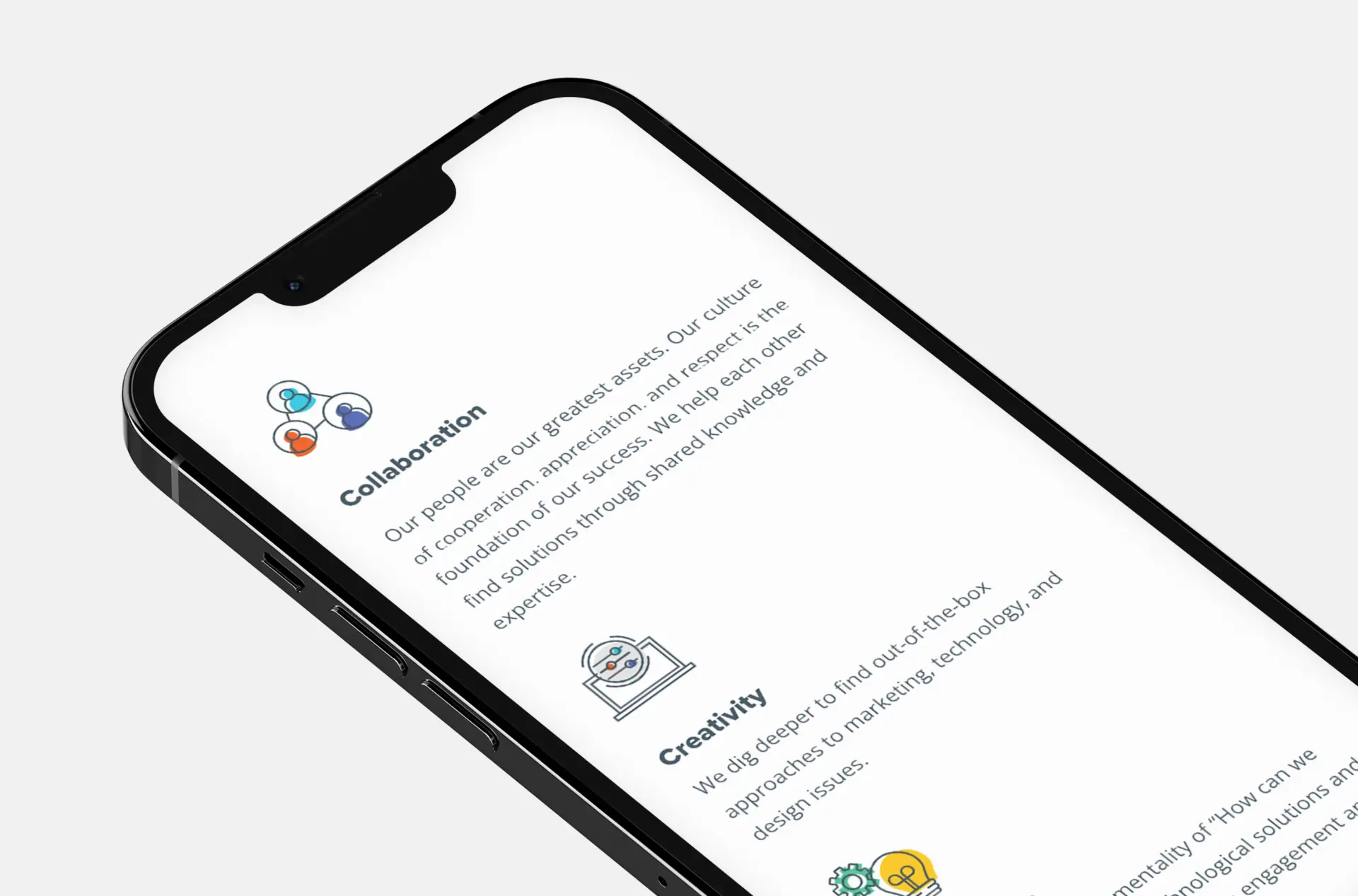 Closeup of a smartphone at an angle showcasing the Our Culture page design for the new Spark451 website