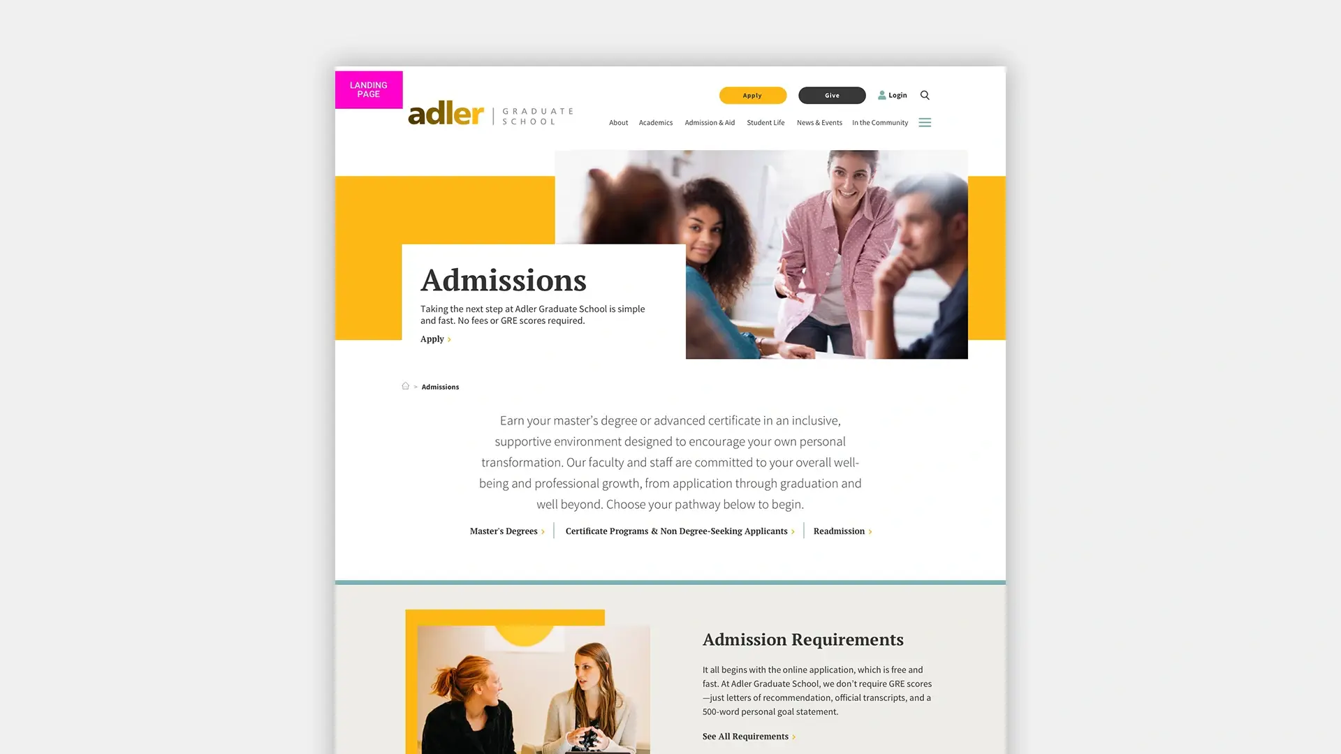 A design mockup of the Admissions page for the Adler Graduate School website redesign.
