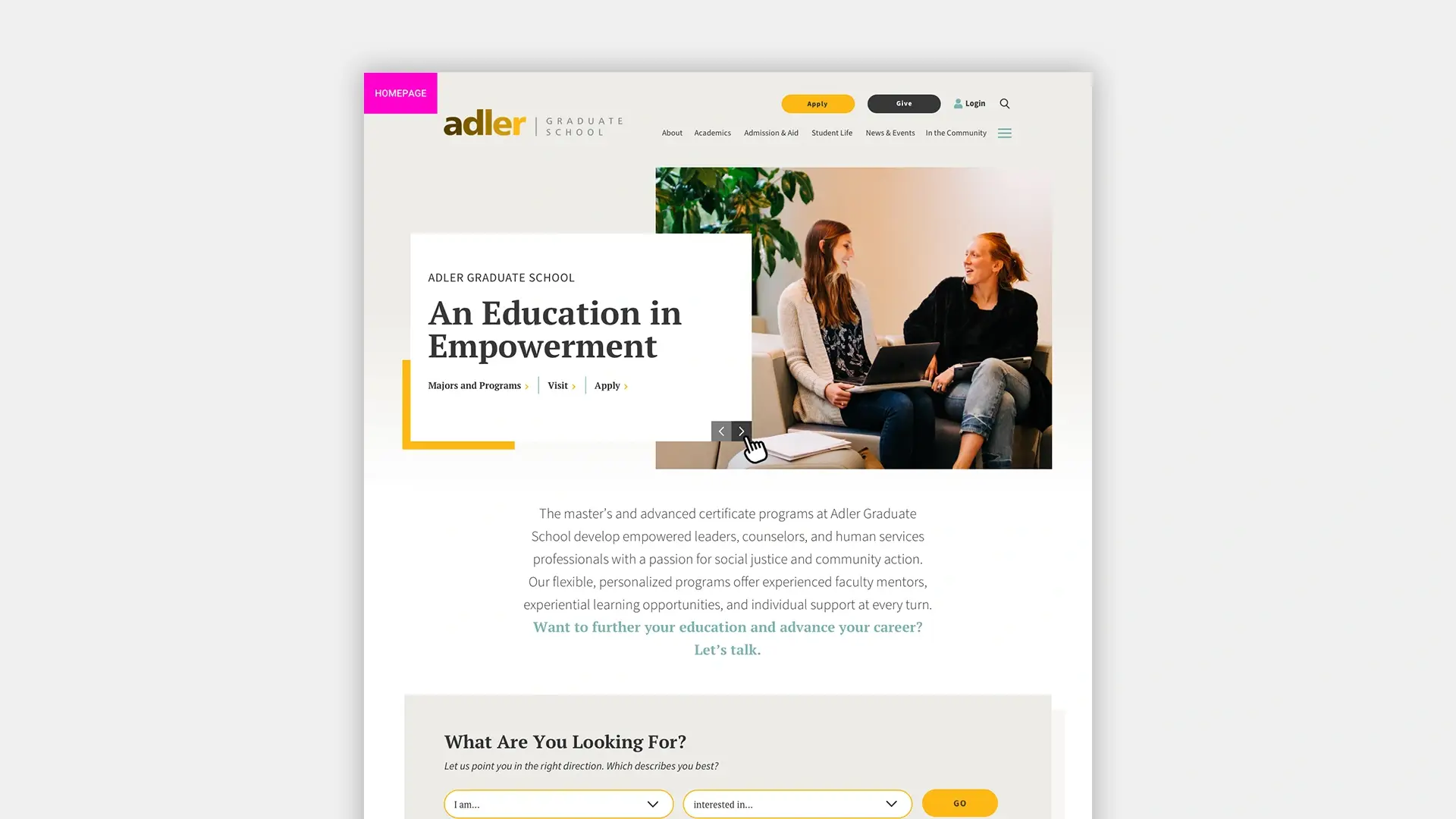 A design mockup of the Homepage for the Adler Graduate School website redesign.