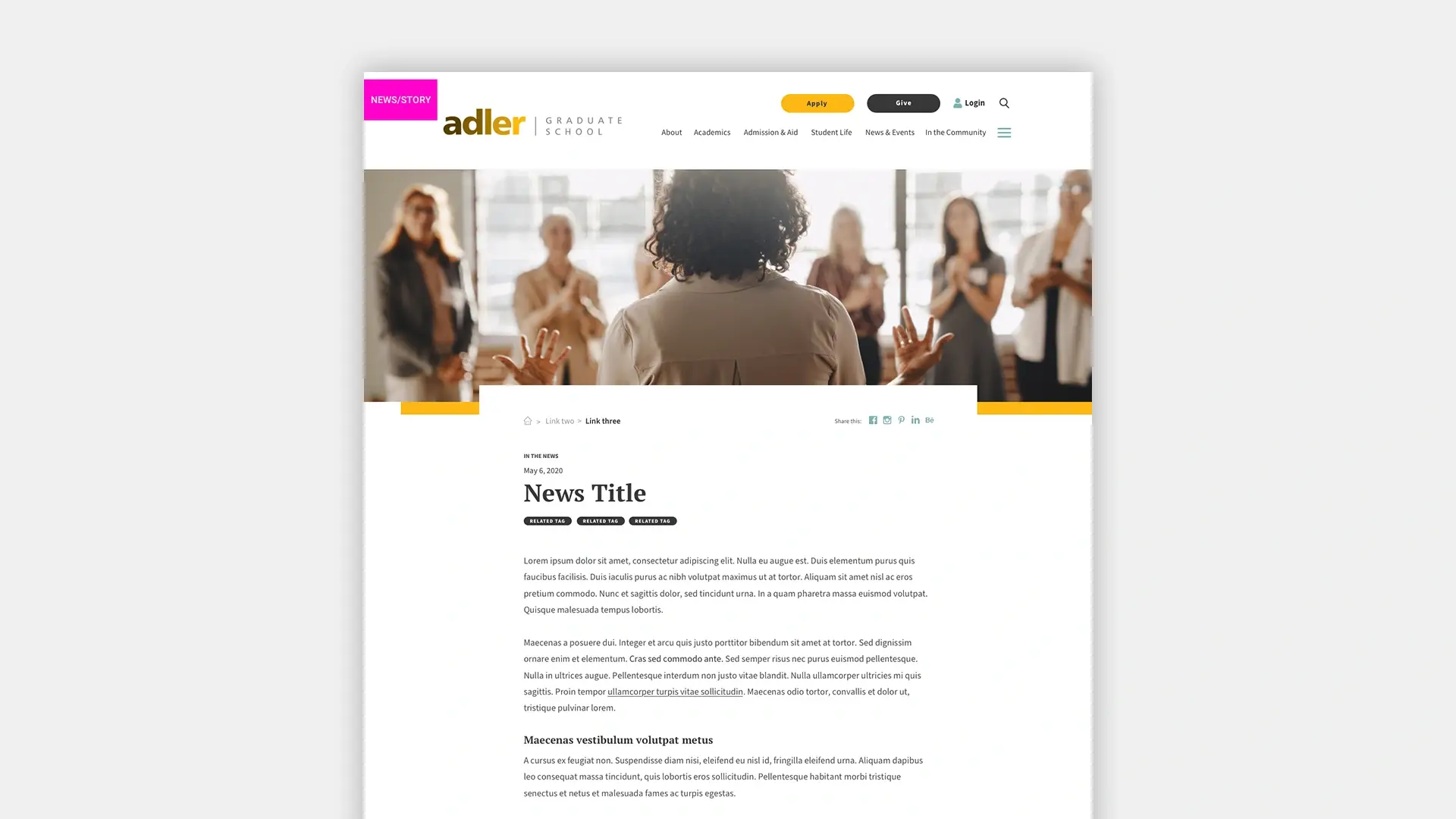 A design mockup of the News Template for the Adler Graduate School website redesign.
