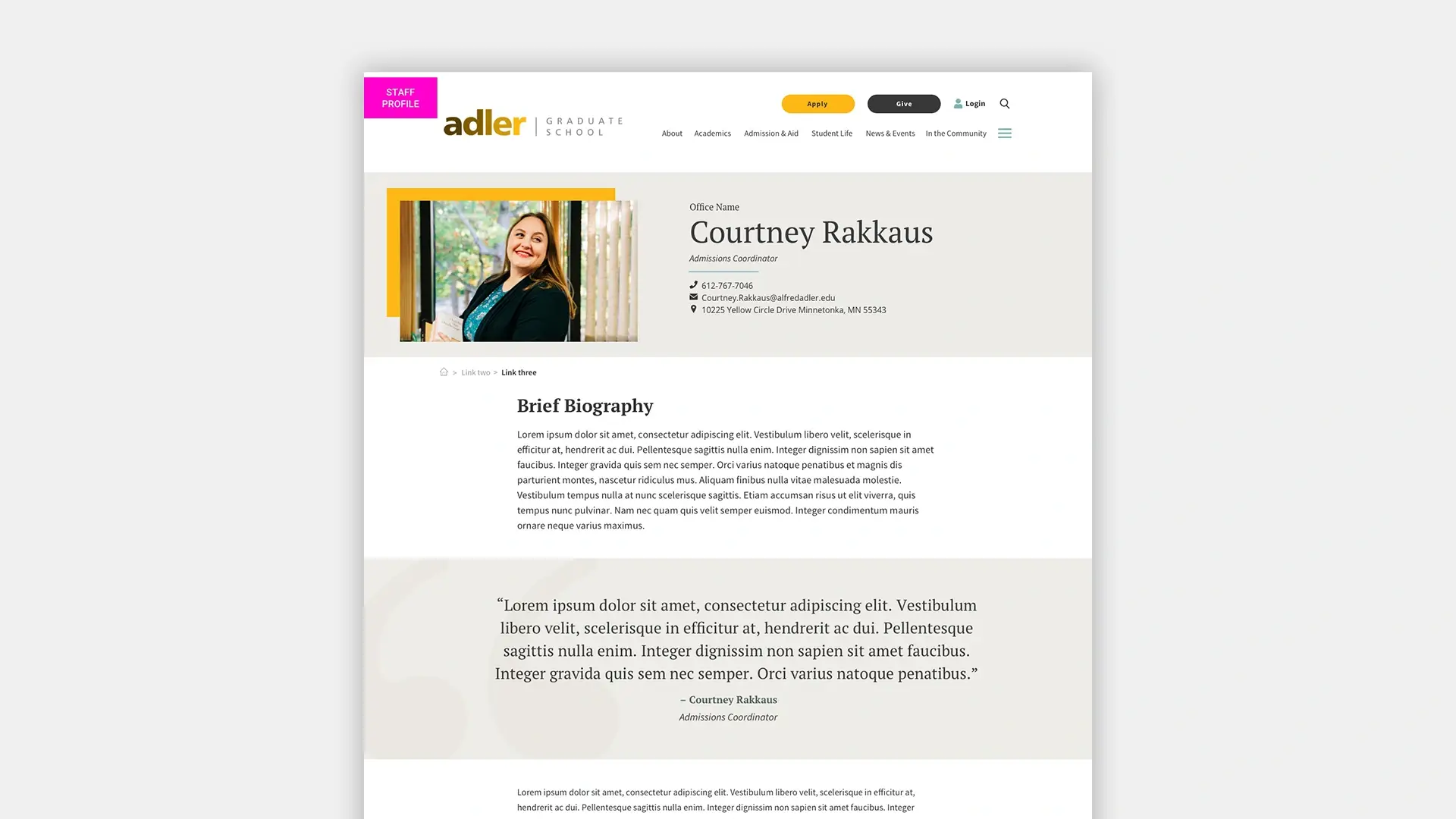 A design mockup of a Profile page for the Adler Graduate School website redesign.