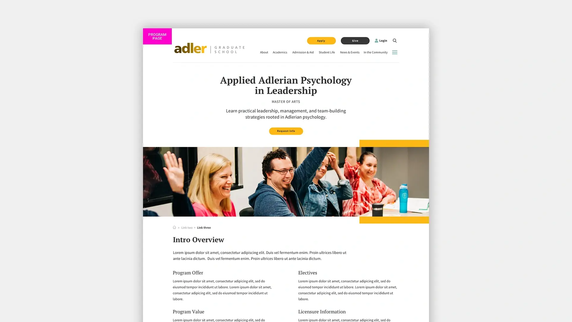A design mockup of a Program page for the Adler Graduate School website redesign.