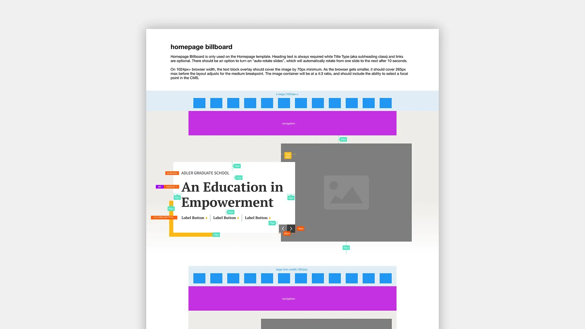 Documentation for the Homepage Billboard for the Adler Graduate School website redesign.