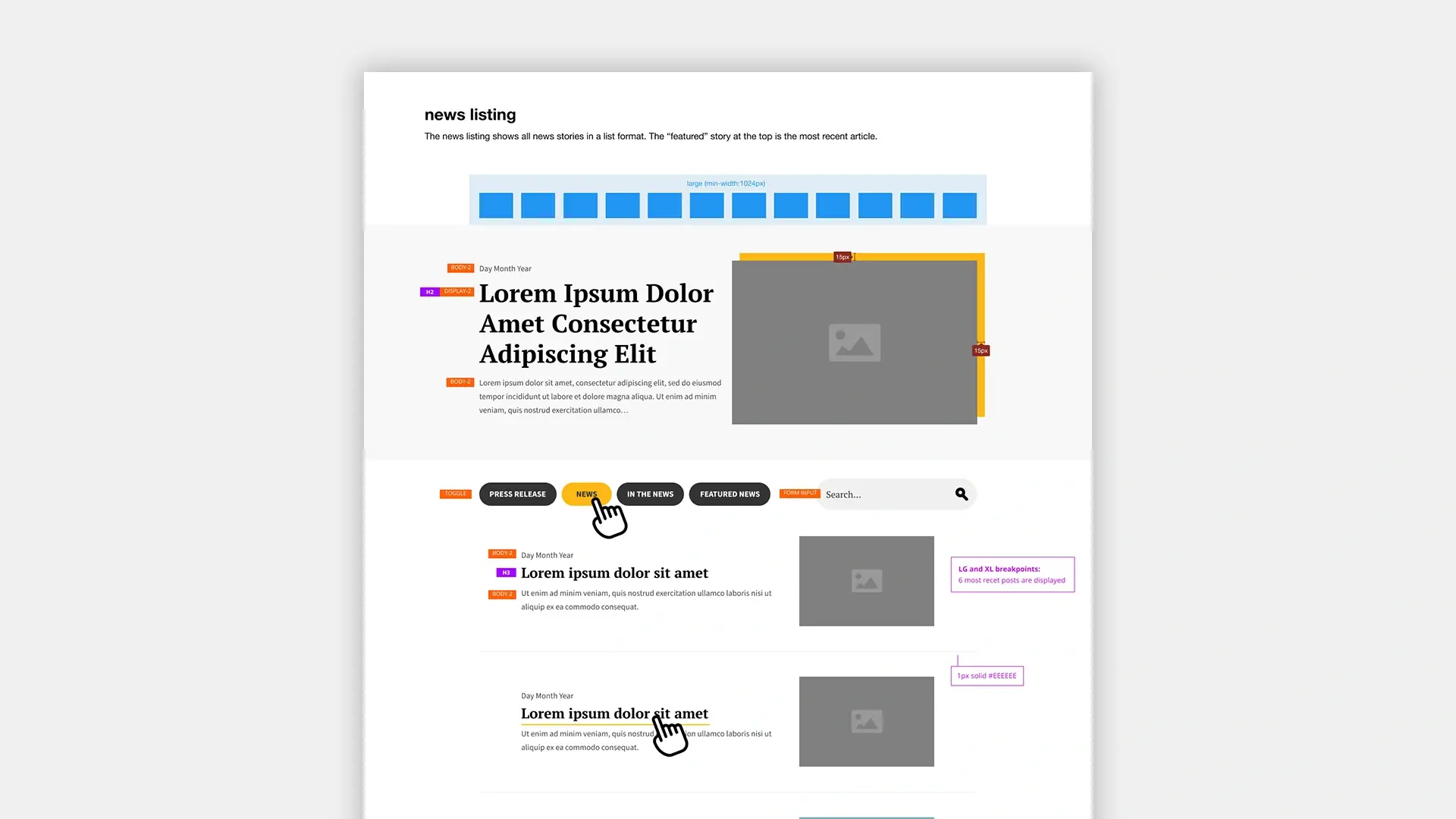 Documentation for the News Listing template for the Adler Graduate School website redesign.