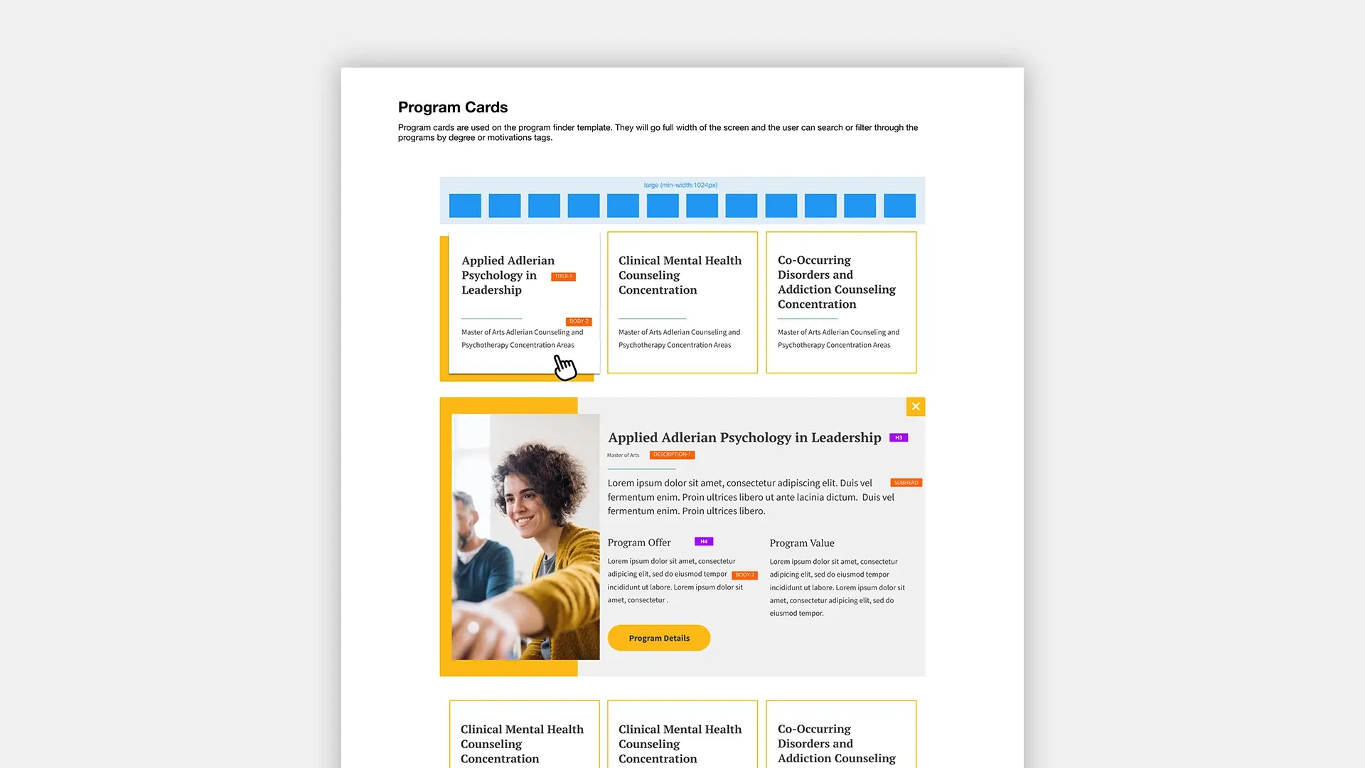Documentation for the Program Cards component for the Adler Graduate School website redesign.