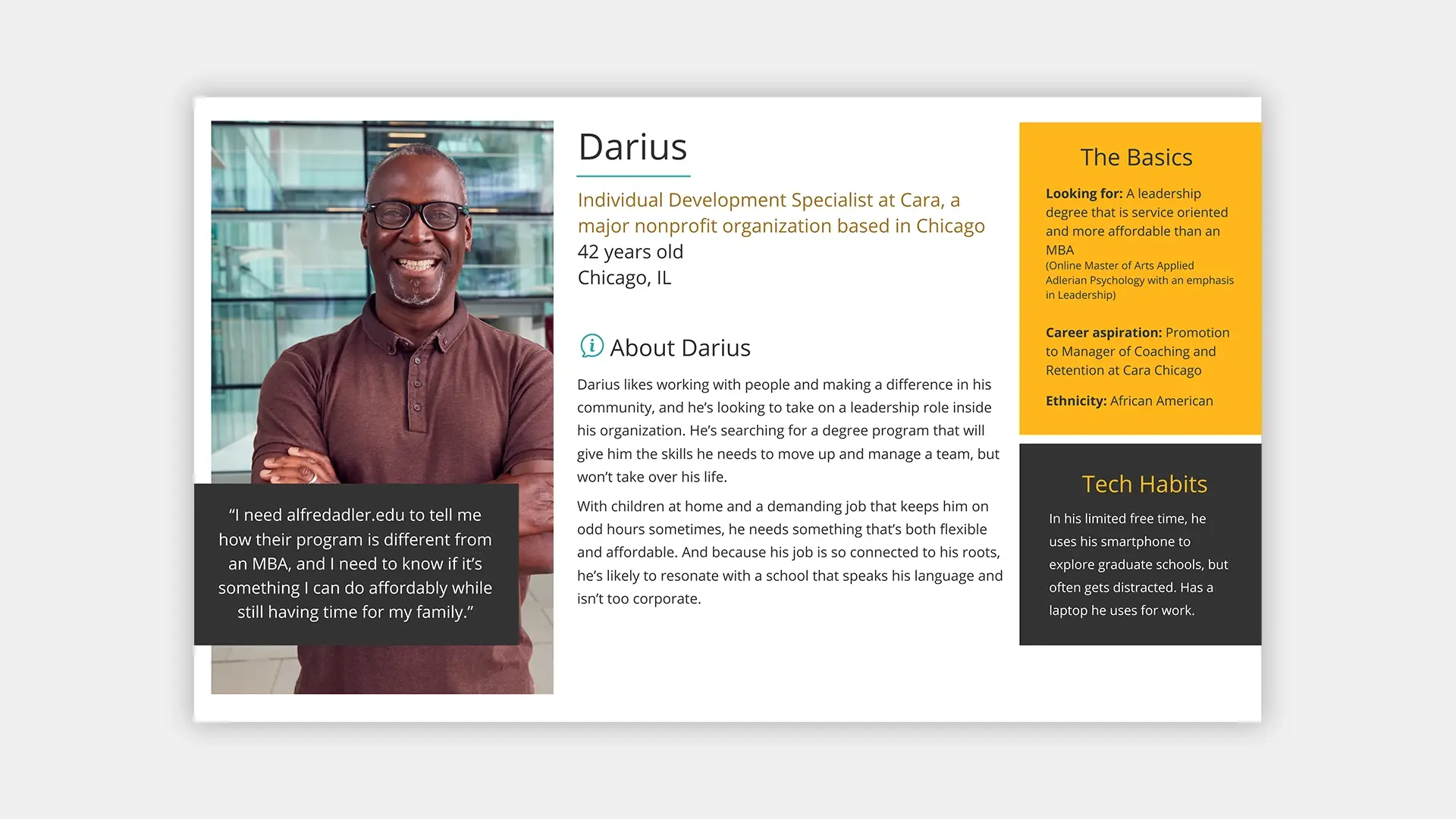 User persona for Darius, a working professional seeking a flexible leadership degree.