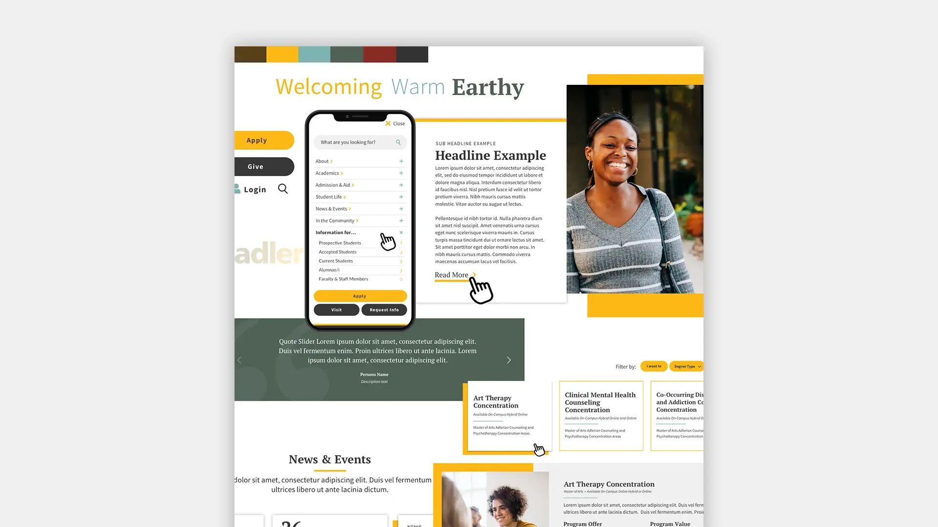 A Style Tile comprised of various template and component styles for the Adler Graduate School website redesign.