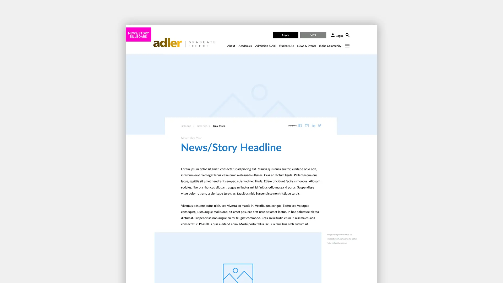 A wireframe of the News article template for the Adler Graduate School website redesign
