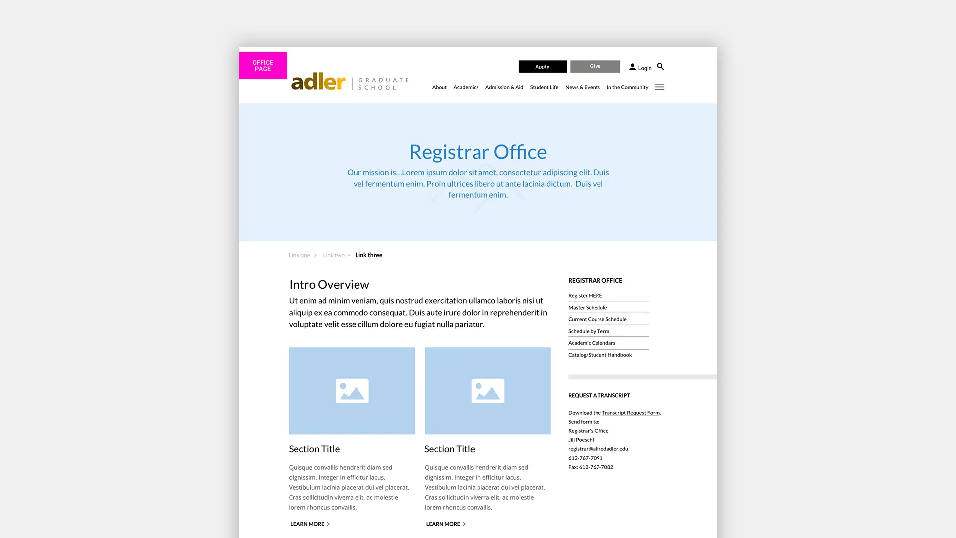 A wireframe of the Office template for the Adler Graduate School website redesign