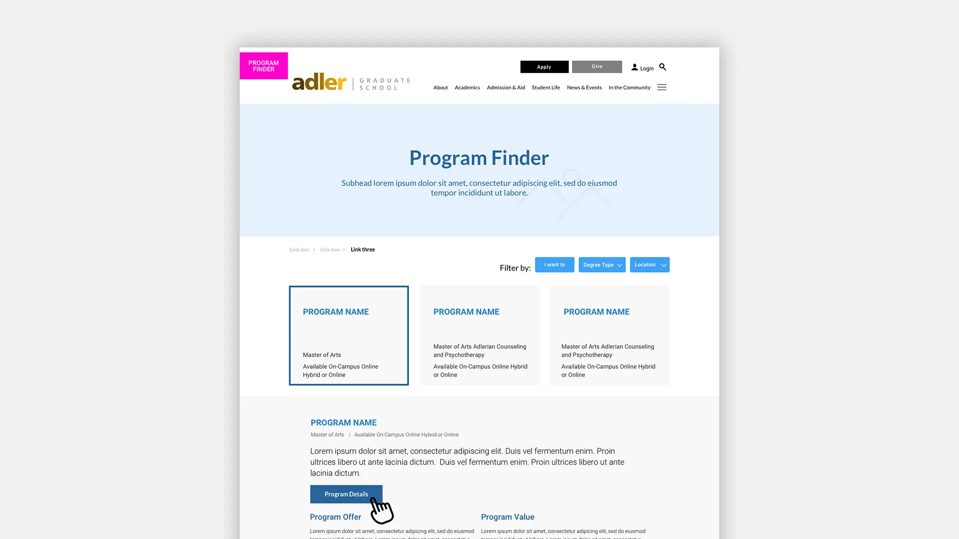 A wireframe of the Program Finder for the Adler Graduate School website redesign