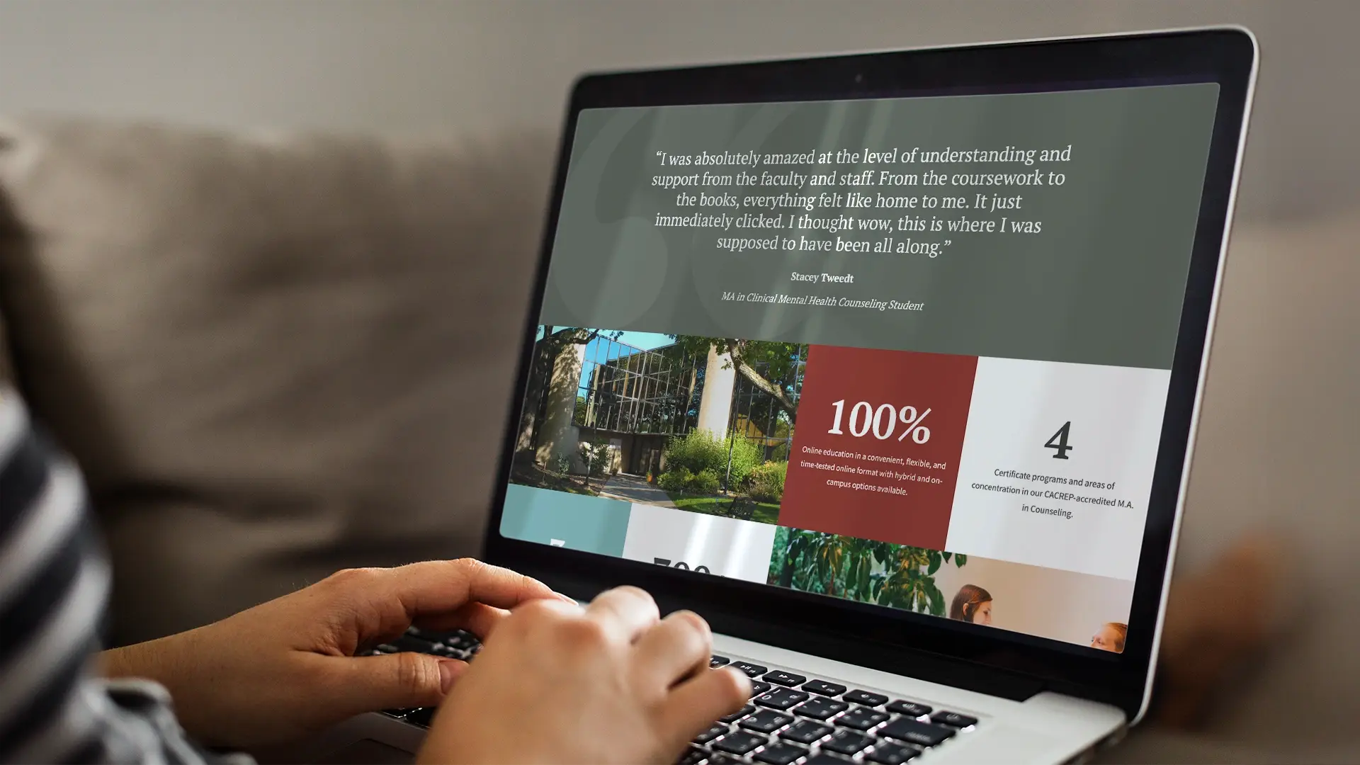 Closeup photo of a person using a laptop with the new Adler Graduate School website displayed on the screen.