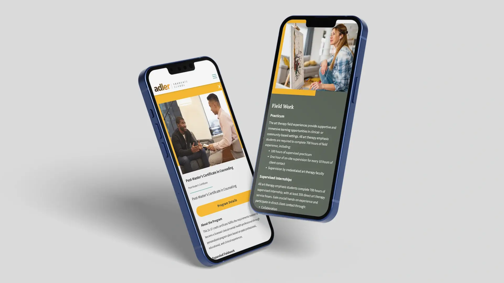 Two mobile devices side by side with the new Adler Graduate School website displayed on the screen.