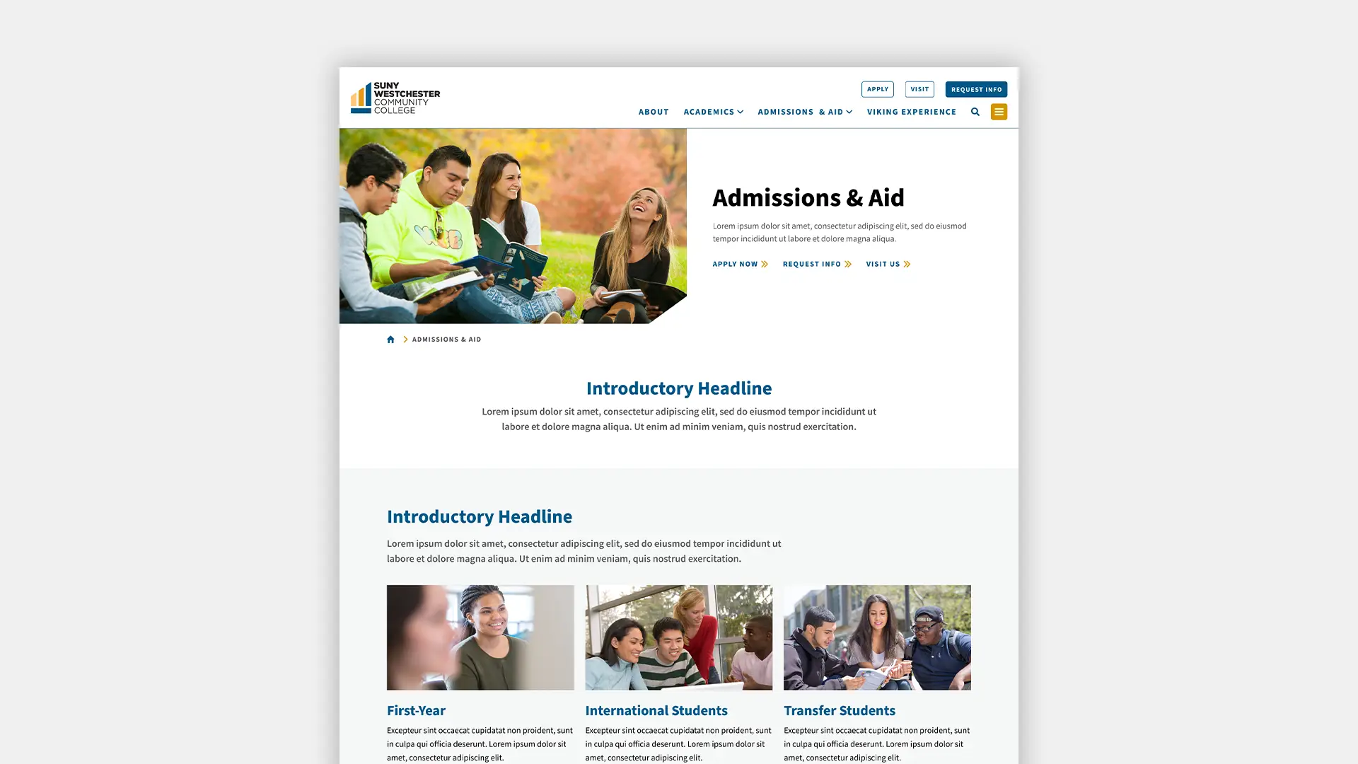 A design mockup of the Admissions page for the SUNY Westchester Community College website redesign.