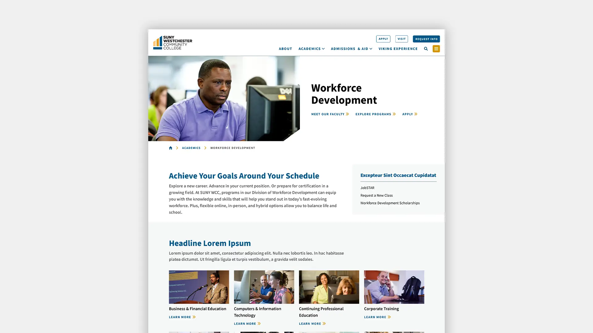 A design mockup of an Inner Page for the SUNY Westchester Community College website redesign.